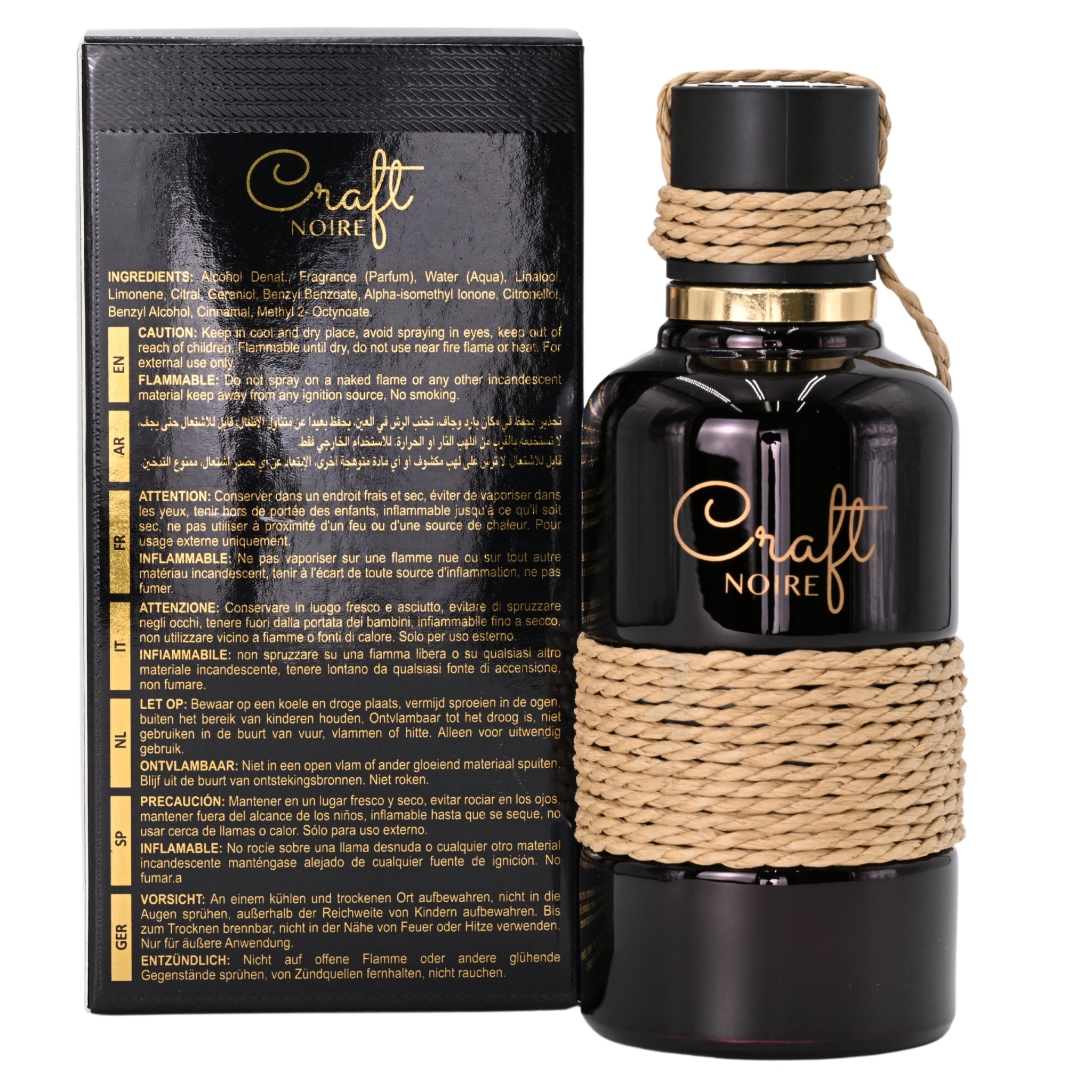 Black perfume bottle with 'Craft Noire' branding and woven design next to its packaging.