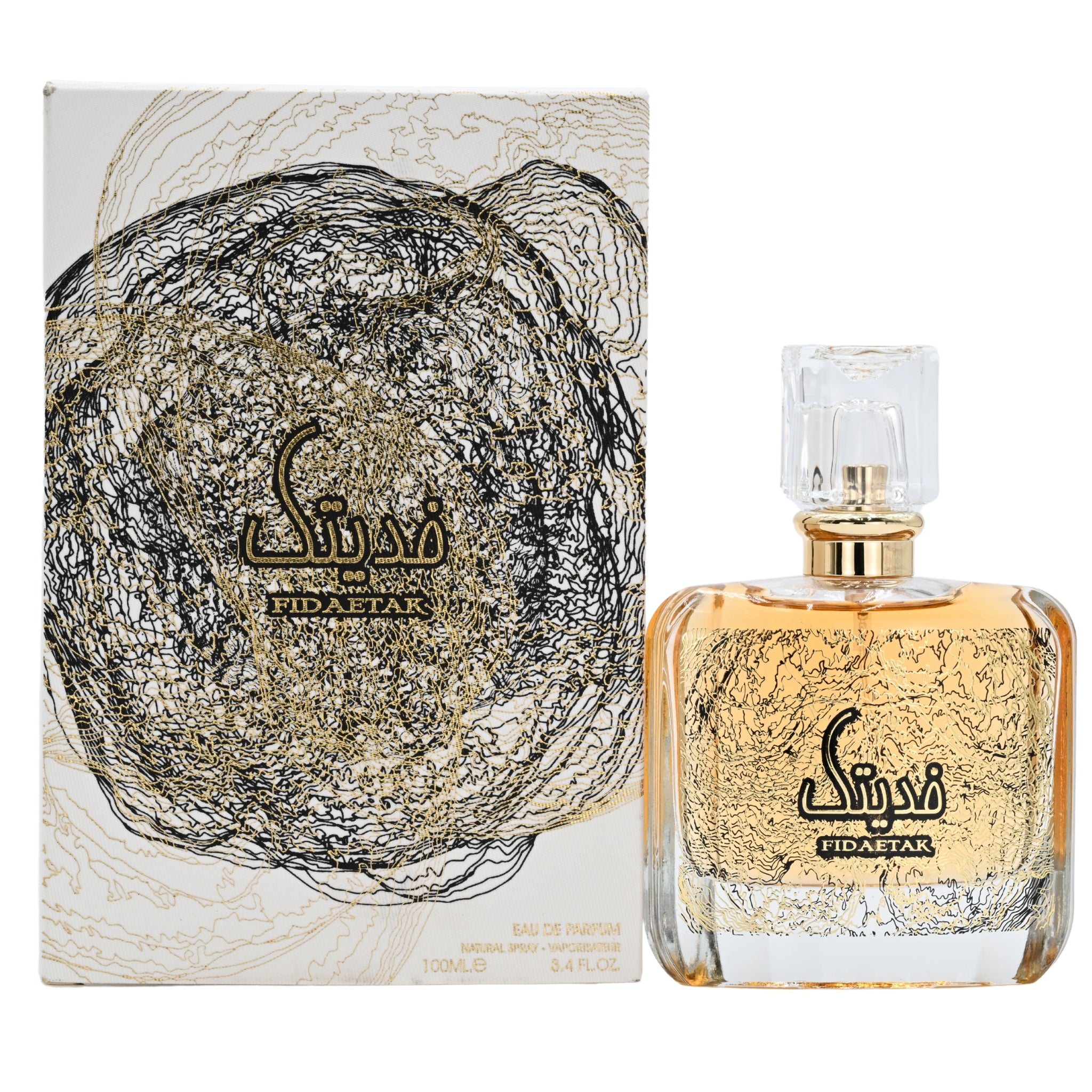 Perfume bottle and packaging with 'Fidaetak' branding on a white background