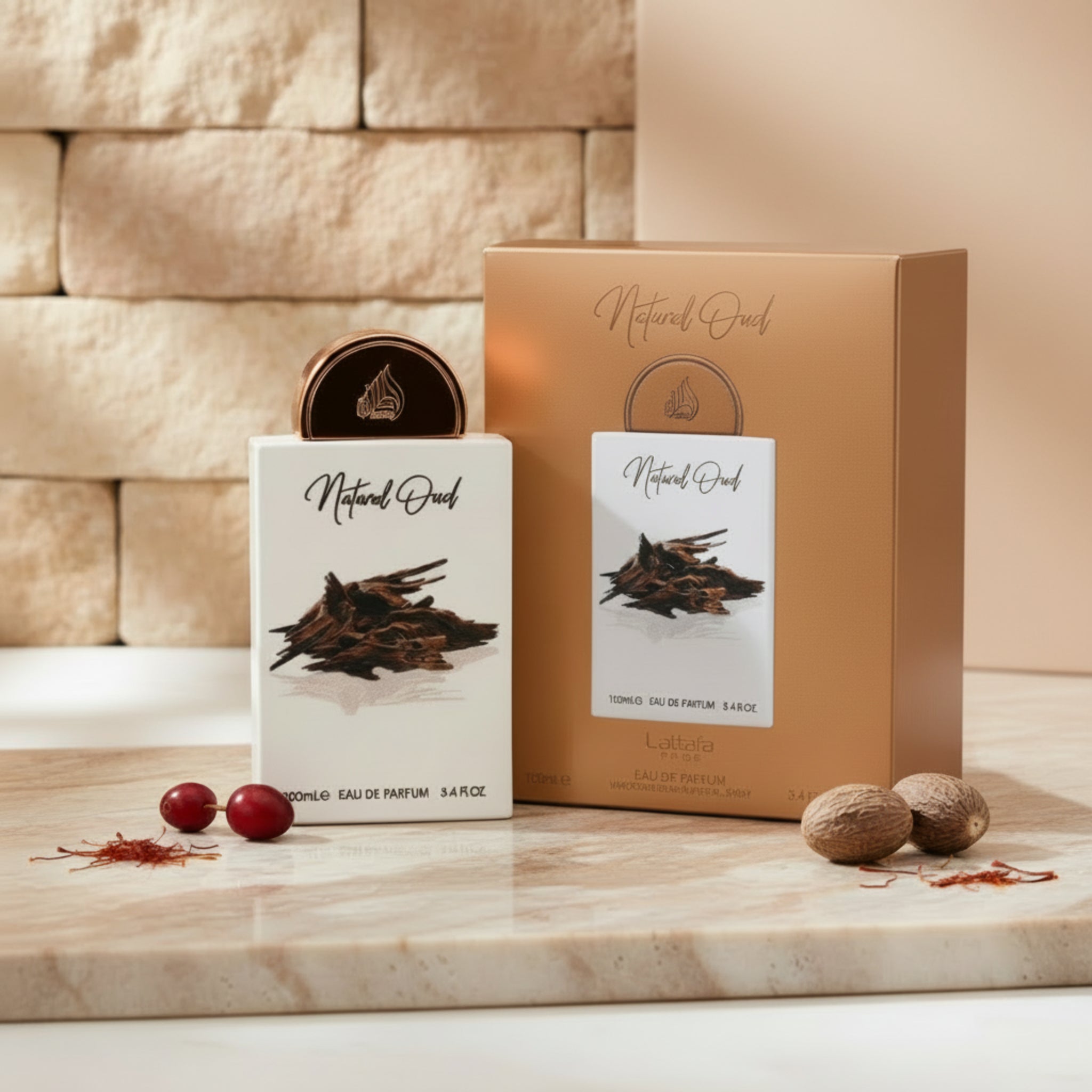 Eau de Parfum packaging with 'Natural Oud' branding on a white background