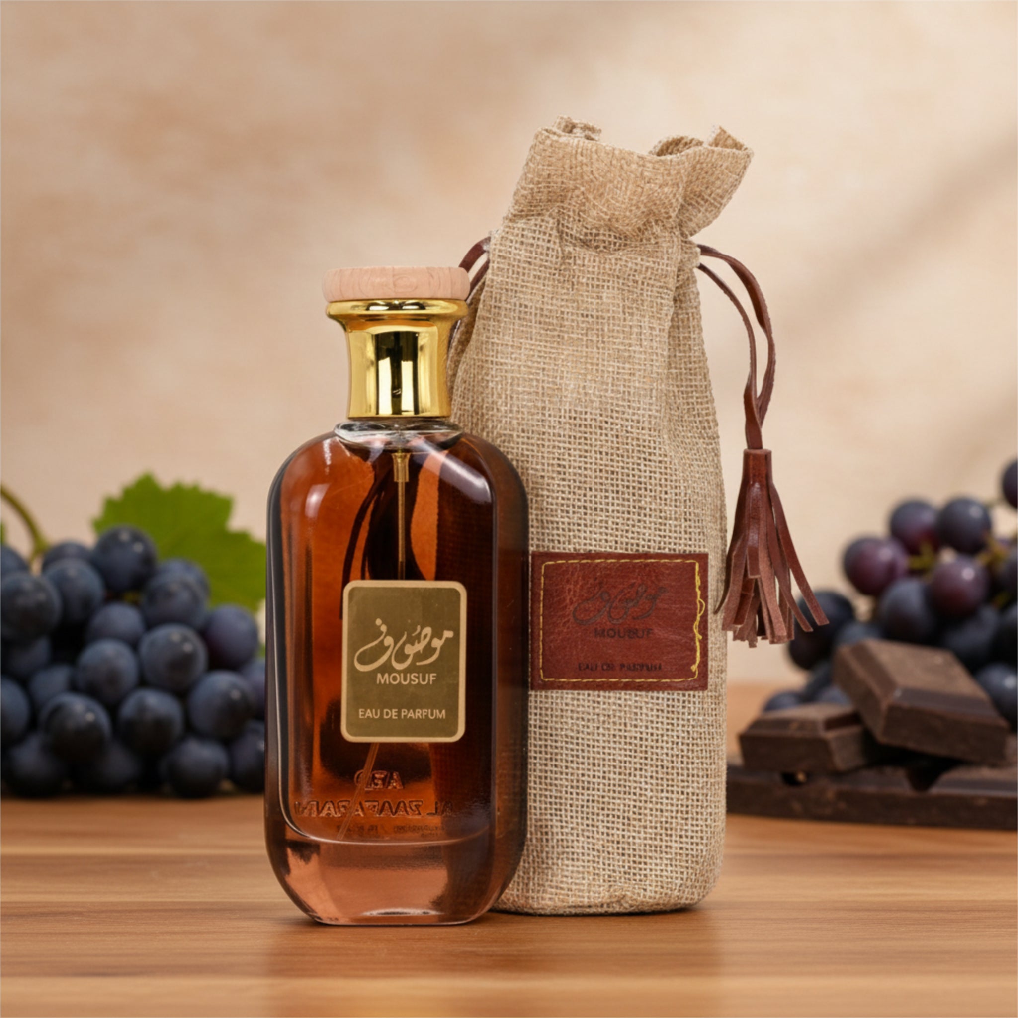 Brown perfume bottle with gold cap and jute bag on a white background