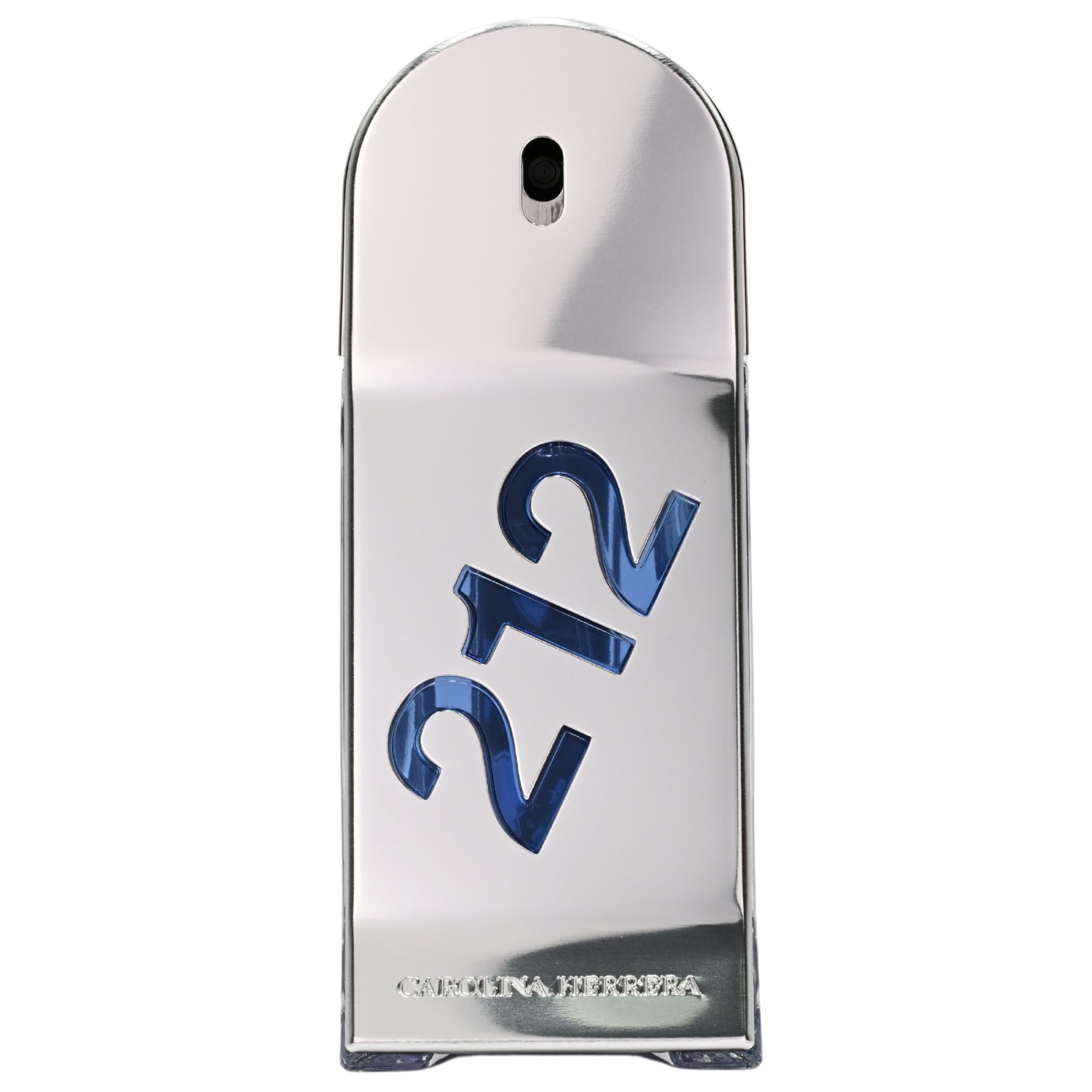 A bottle of 212 Men Heroes Forever Young cologne by Carolina Herrera, featuring a reflective silver design with the number 212 prominently displayed.