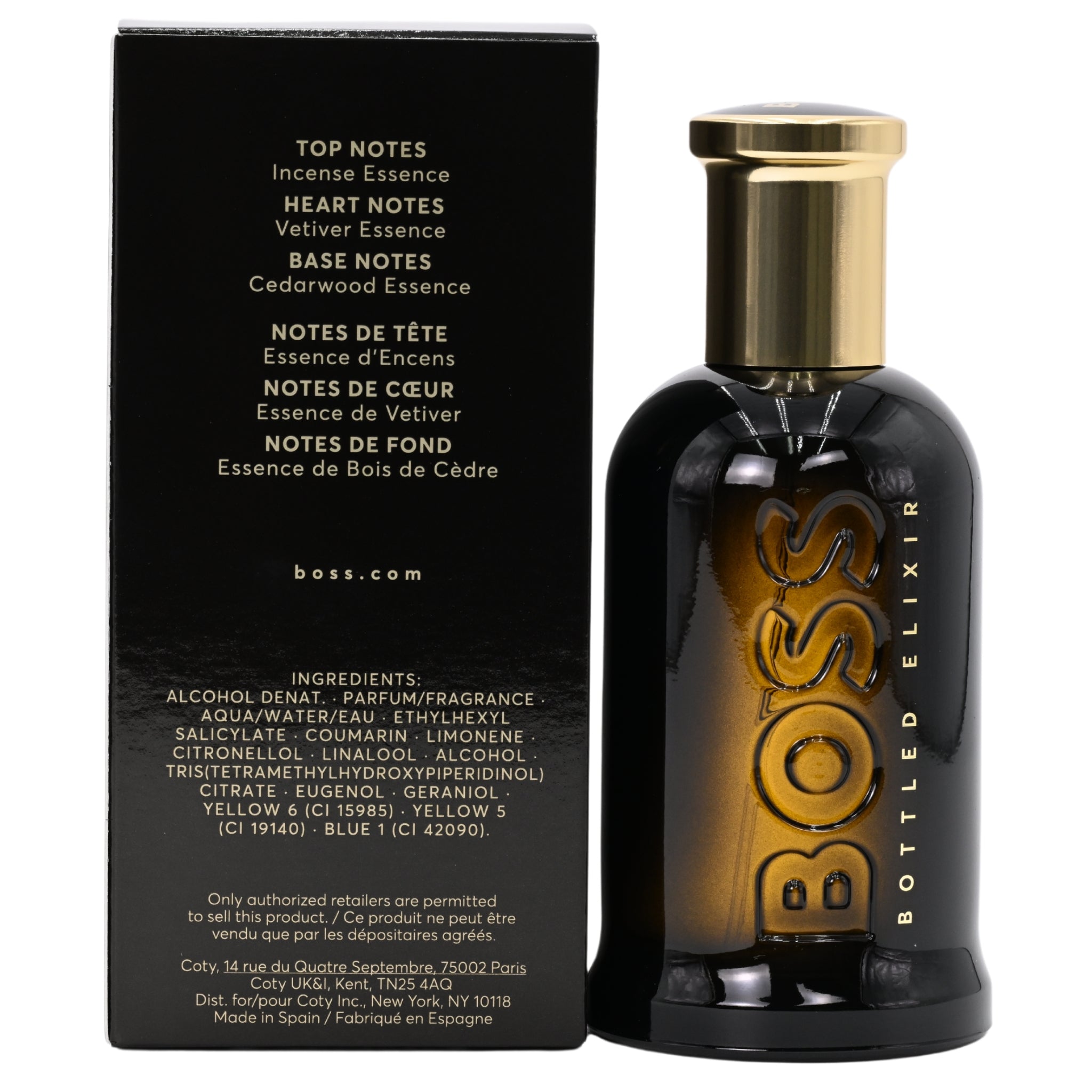 BOSS Bottled Elixir perfume bottle with packaging on a white background