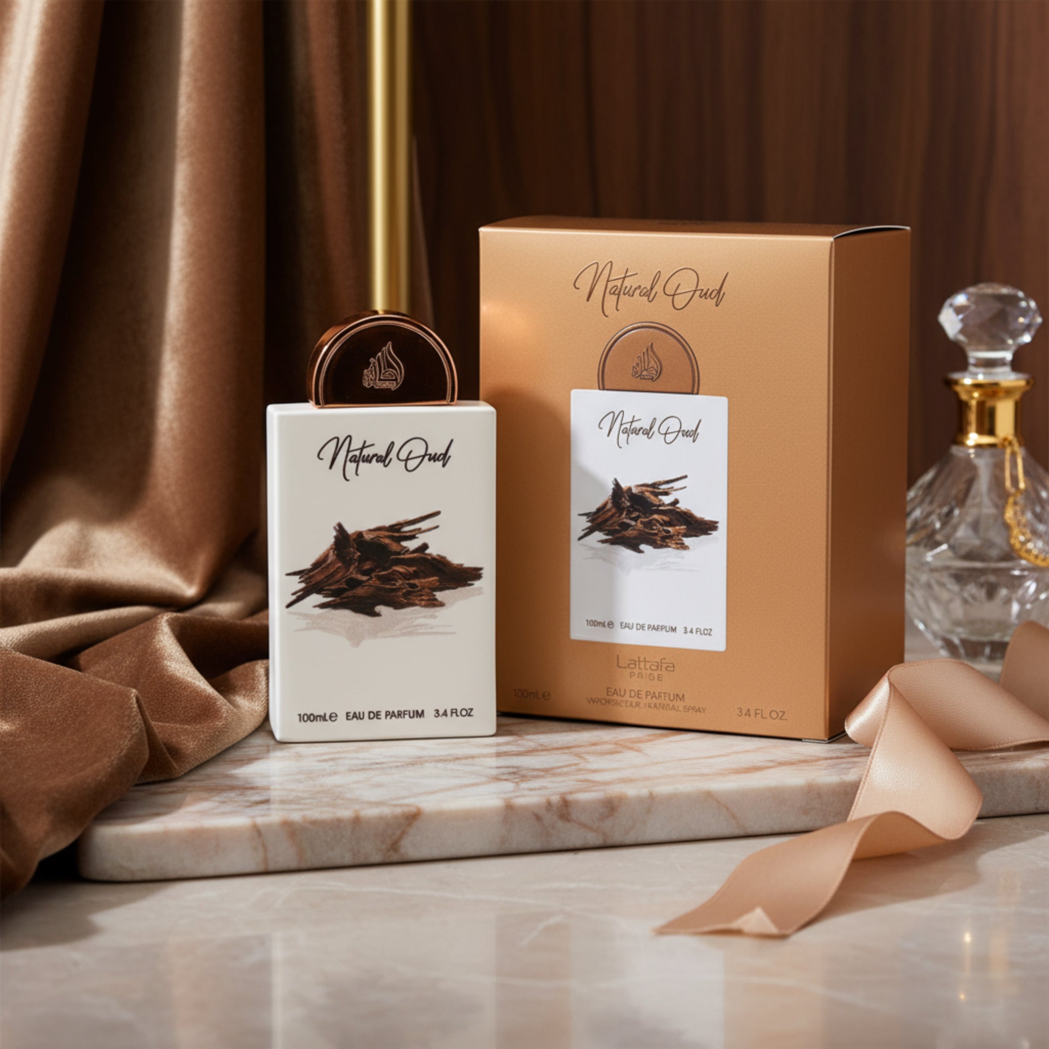Eau de Parfum packaging with 'Natural Oud' branding on a white background