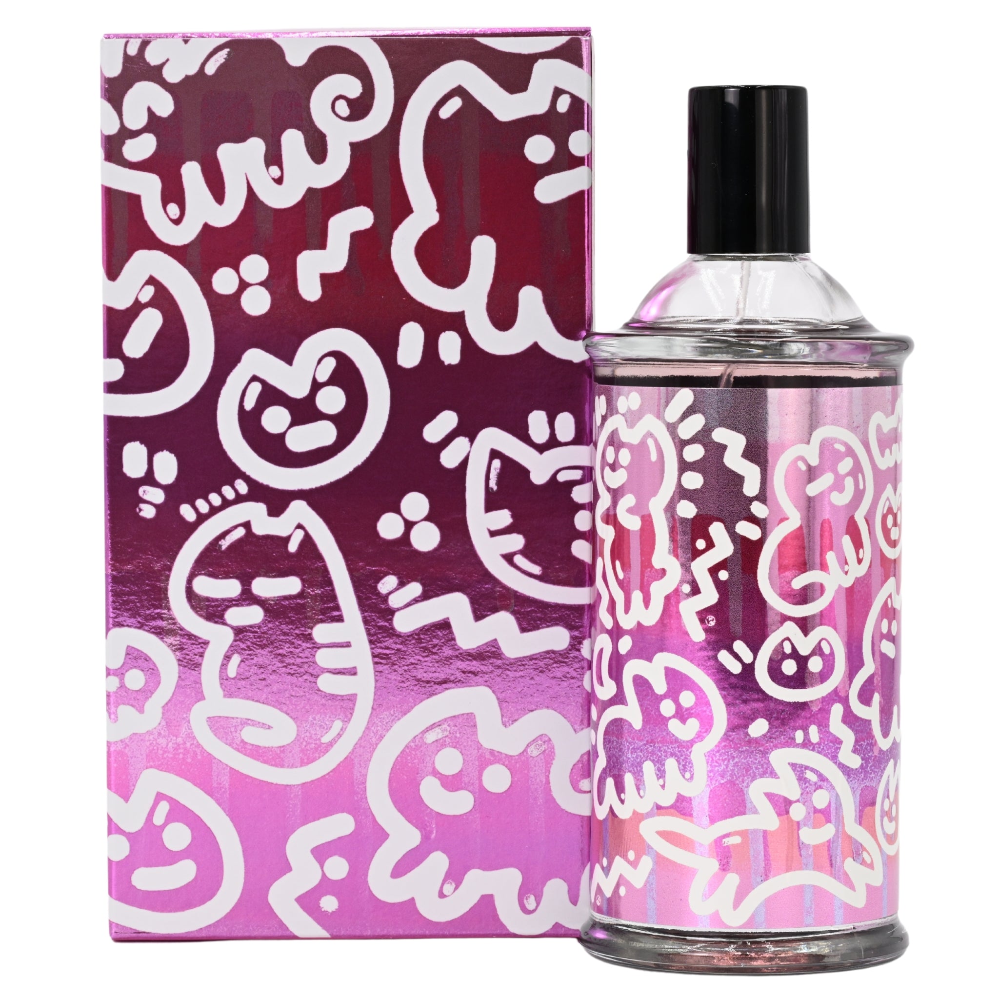 Perfume bottle and packaging with a pink and white pattern on a white background