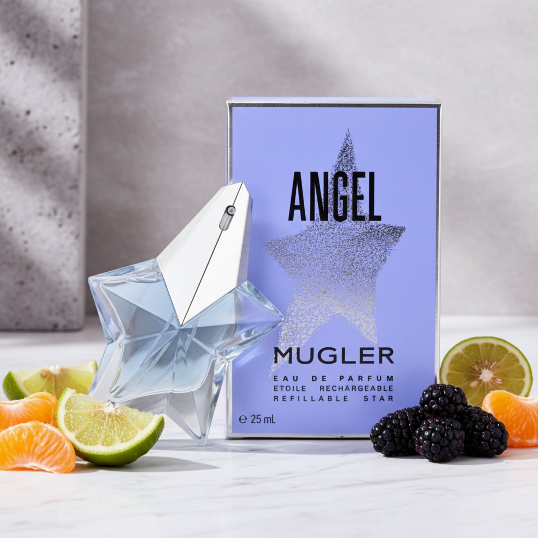 Mugler Angel perfume bottle and packaging on a white background
