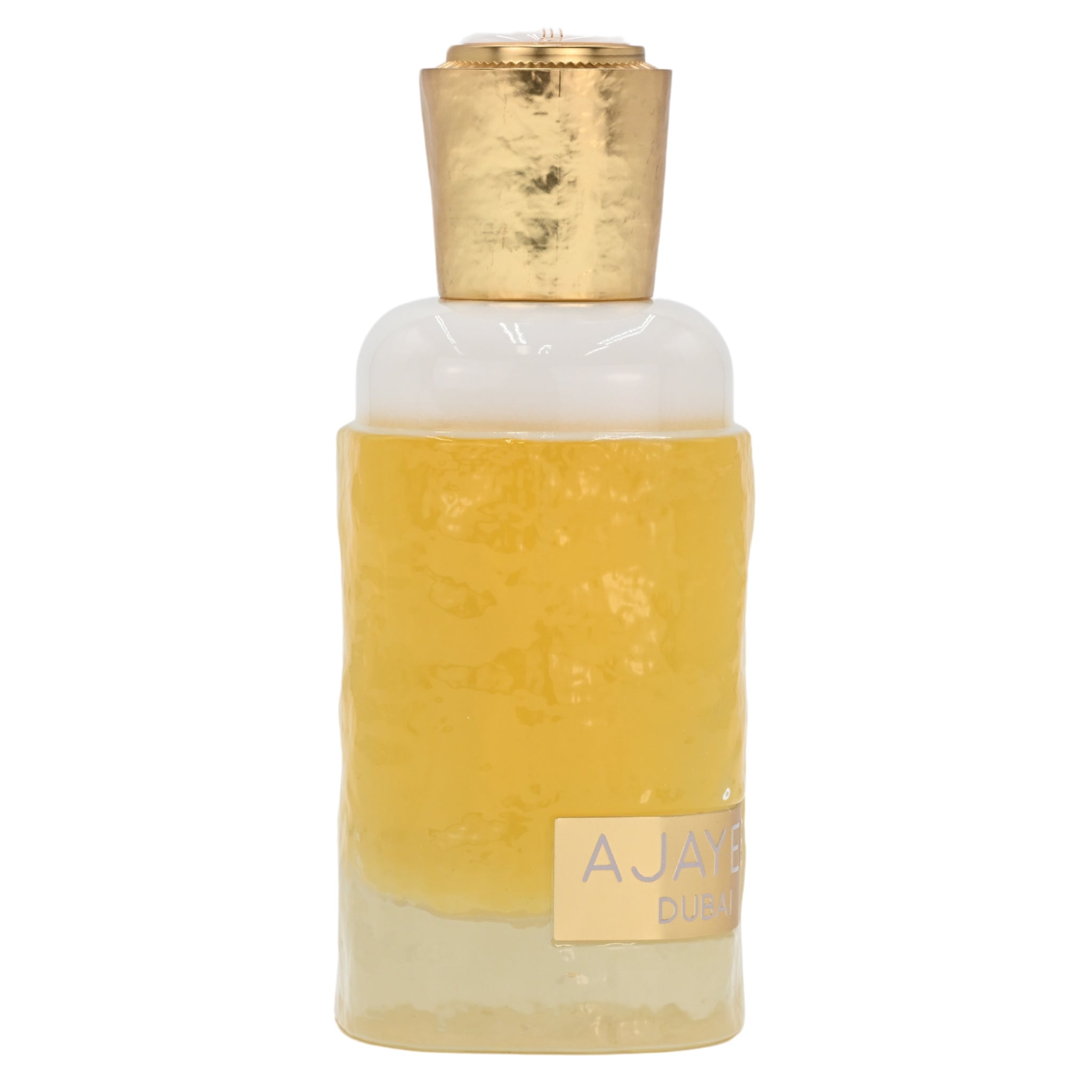 Perfume bottle with gold cap and white label on a white background