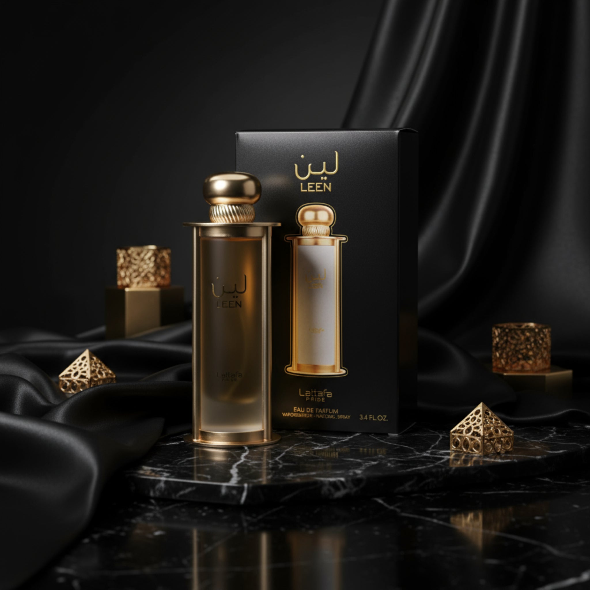 Gold perfume bottle with black packaging featuring 'LEEN' branding on a white background