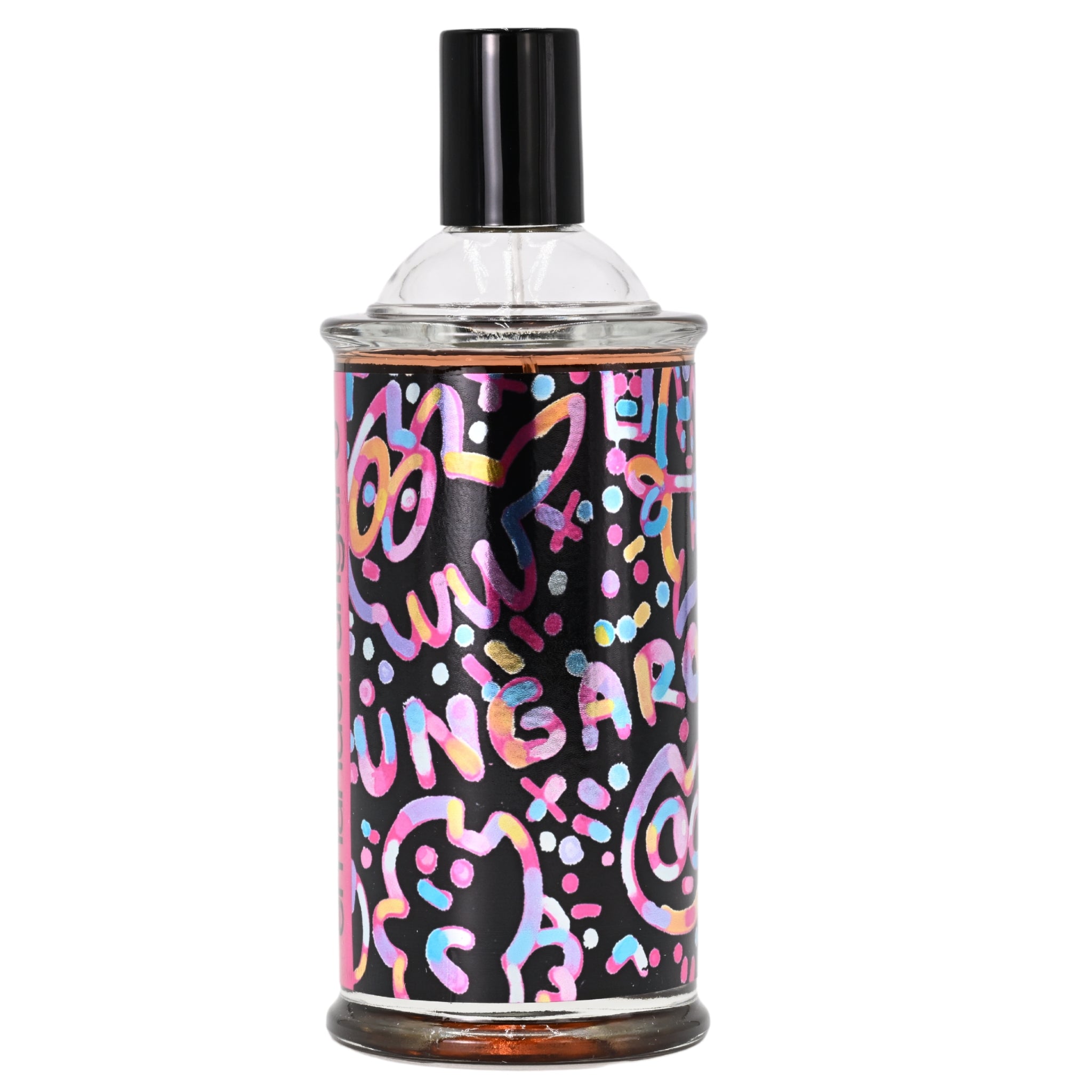 Decorative perfume bottle with colorful abstract patterns on a black background