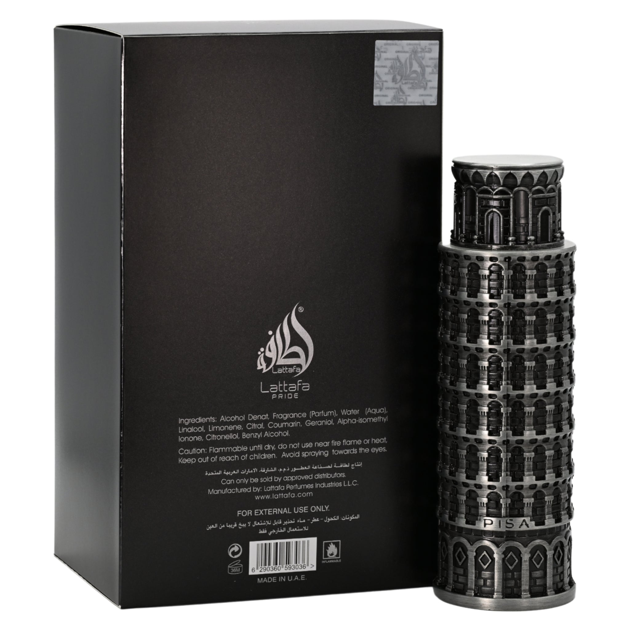 Perfume bottle shaped like the Leaning Tower of Pisa next to its packaging