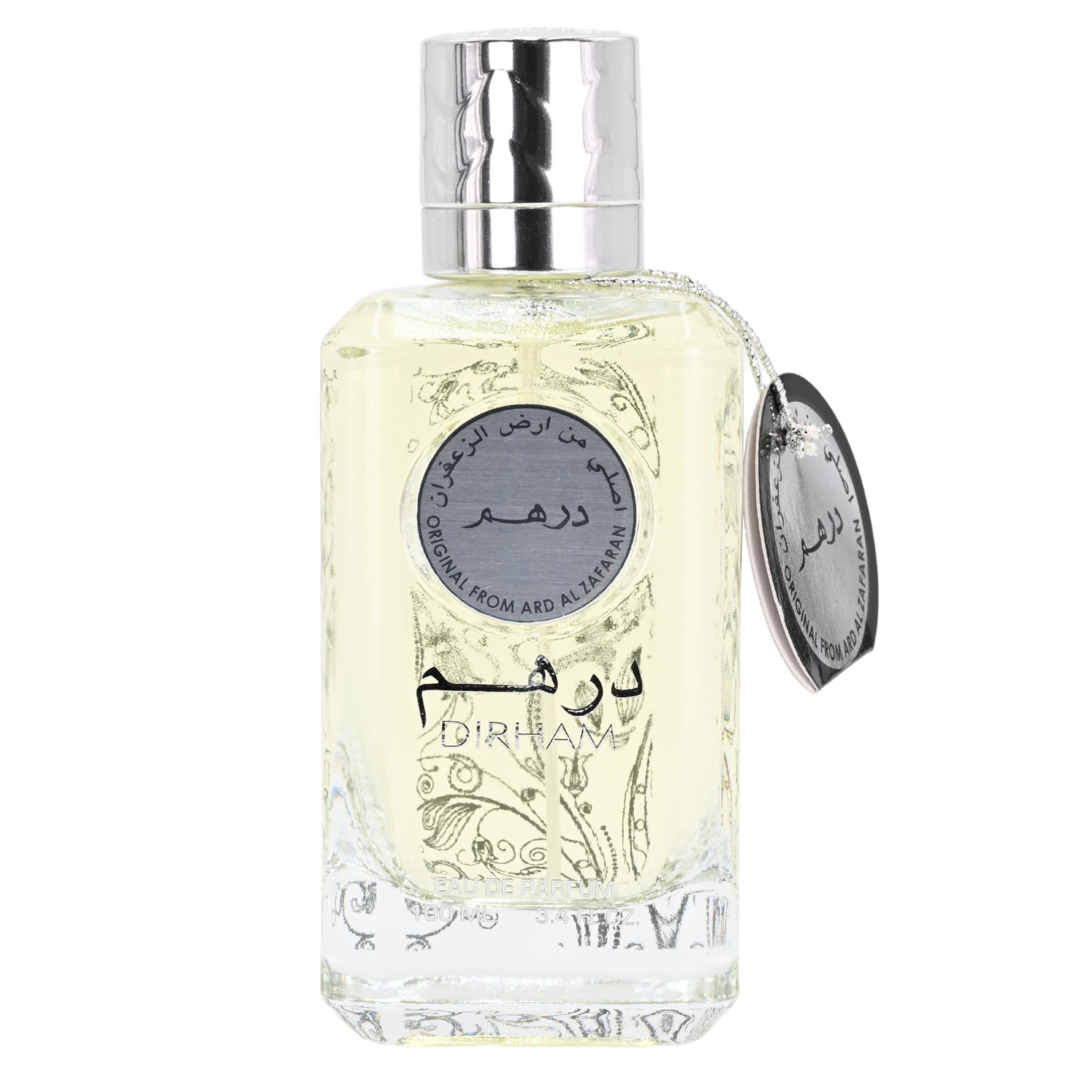 Perfume bottle with decorative label on a white background