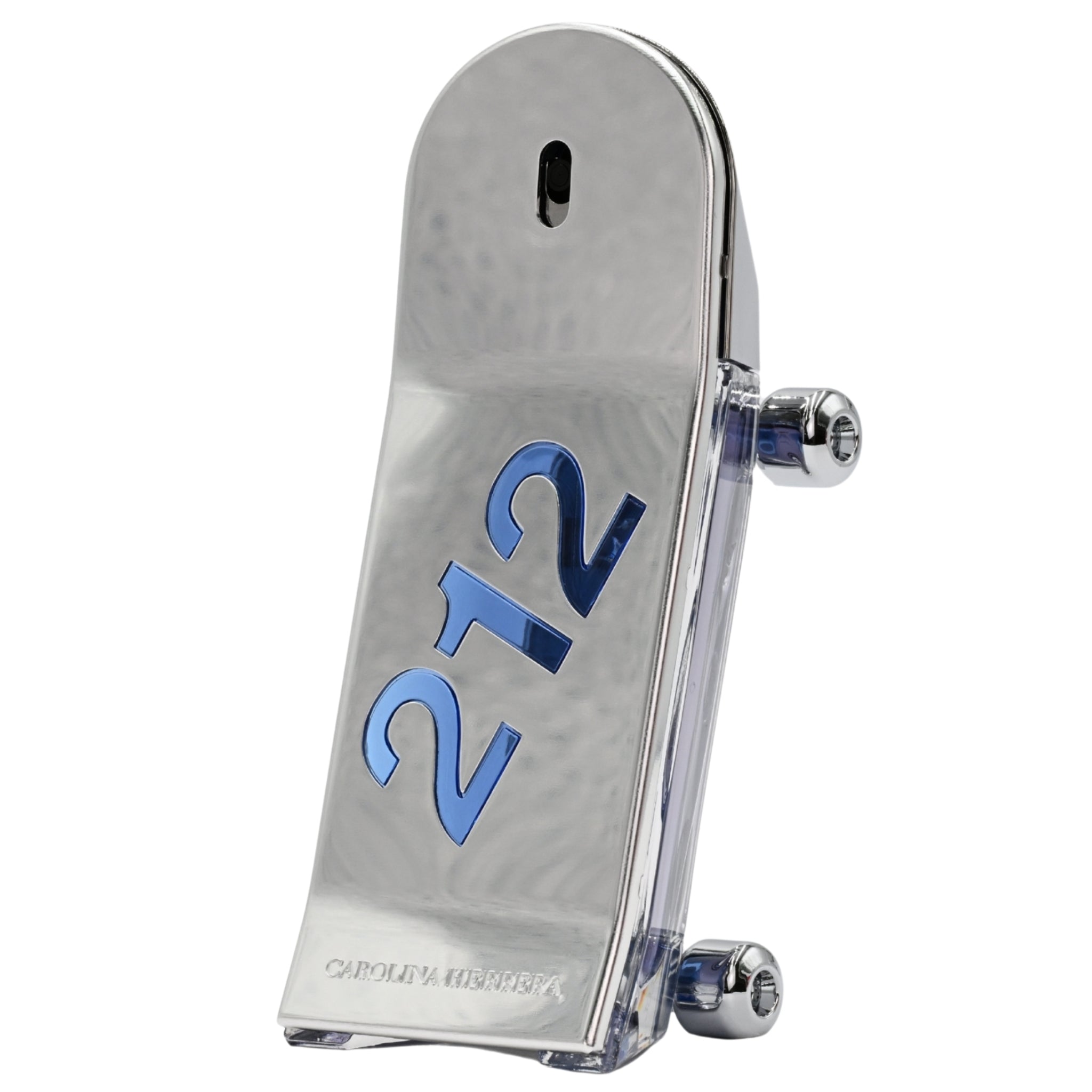 A bottle of 212 Men Heroes Forever Young cologne featuring a reflective silver design with the number 212 prominently displayed.