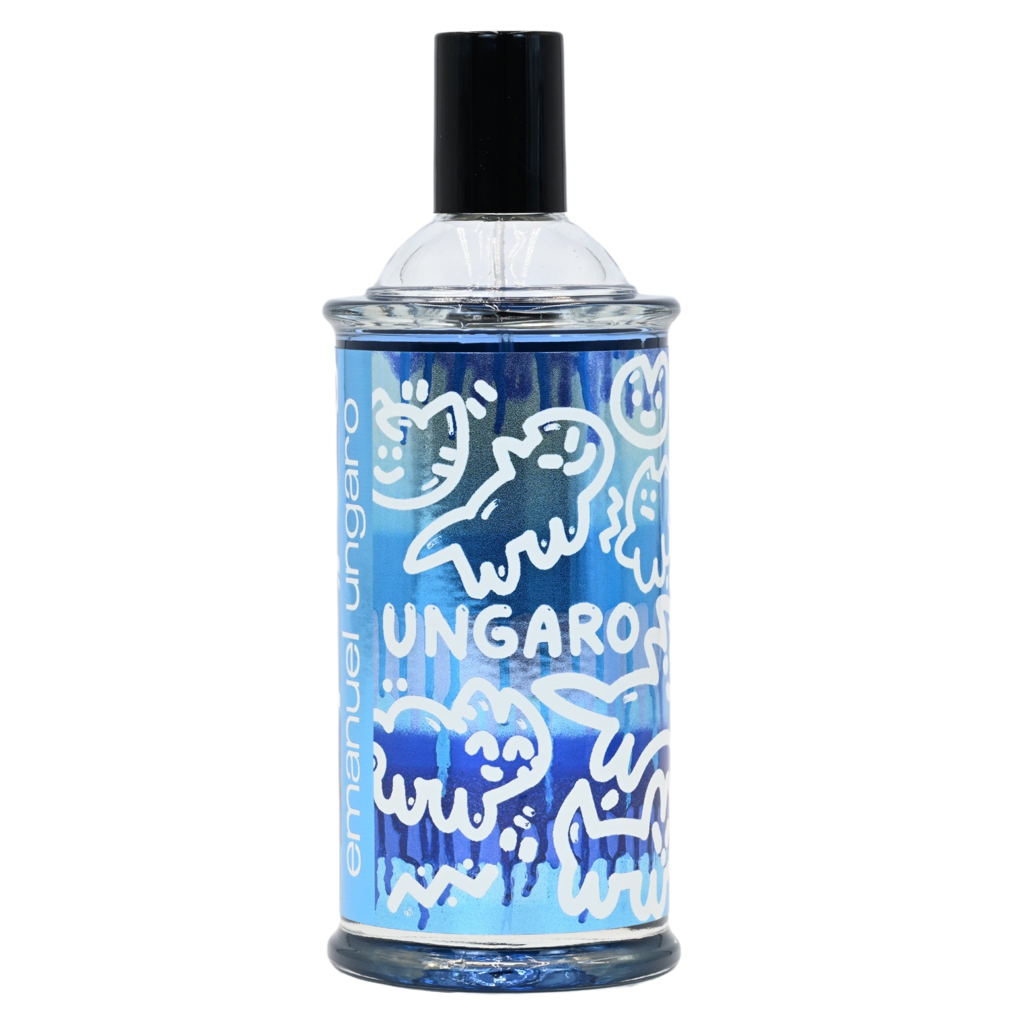 Perfume bottle with blue and white label featuring brand name on a white background