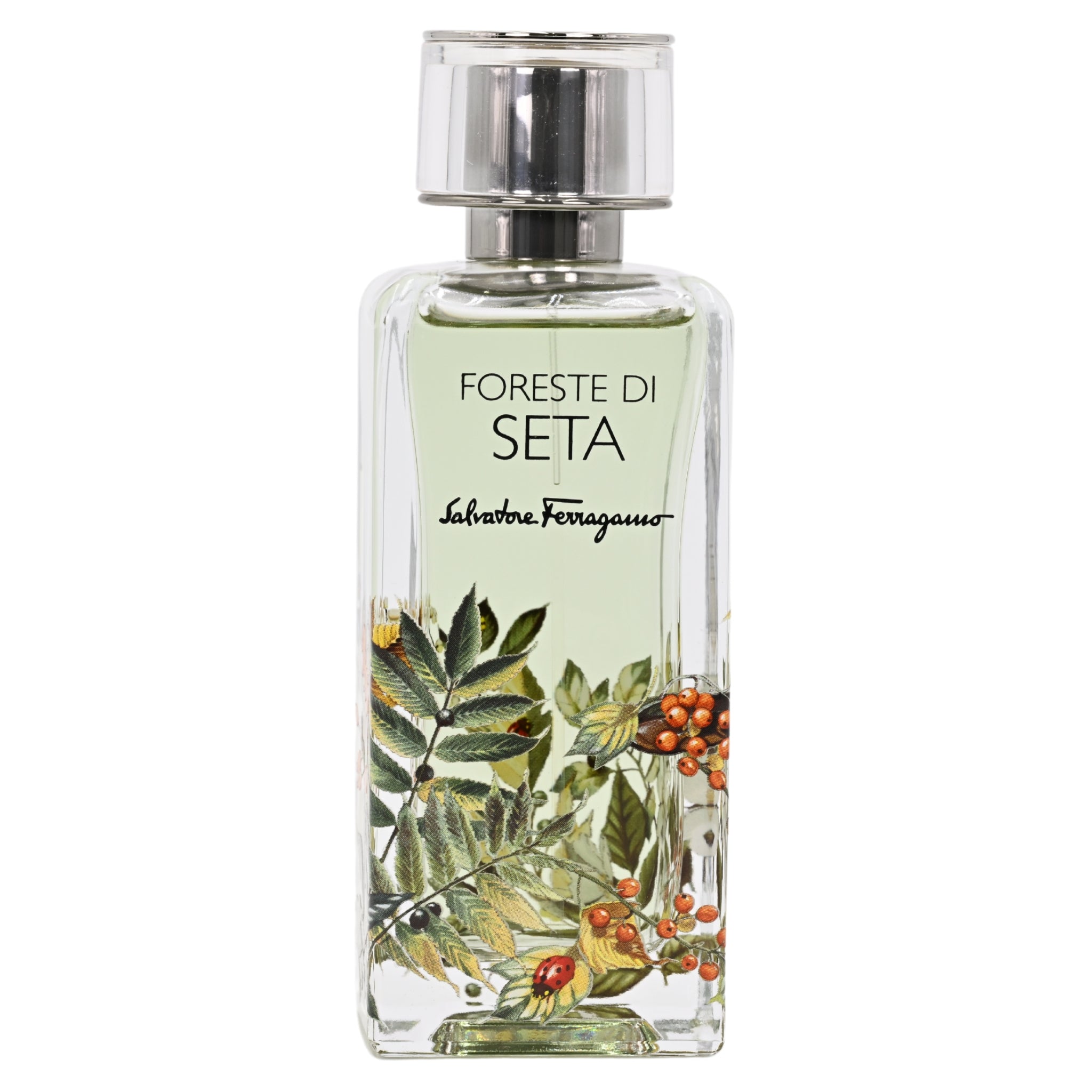 Perfume bottle labeled 'Foreste di Seta' by Salvatore Ferragamo on a white background