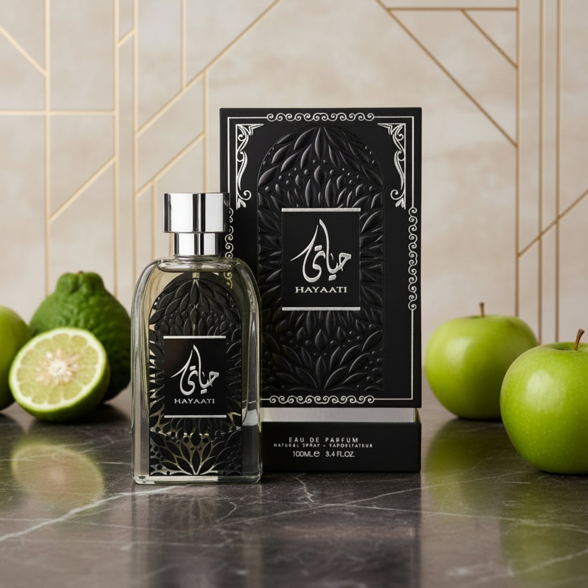 Hayaati eau de parfum bottle and packaging on a white background