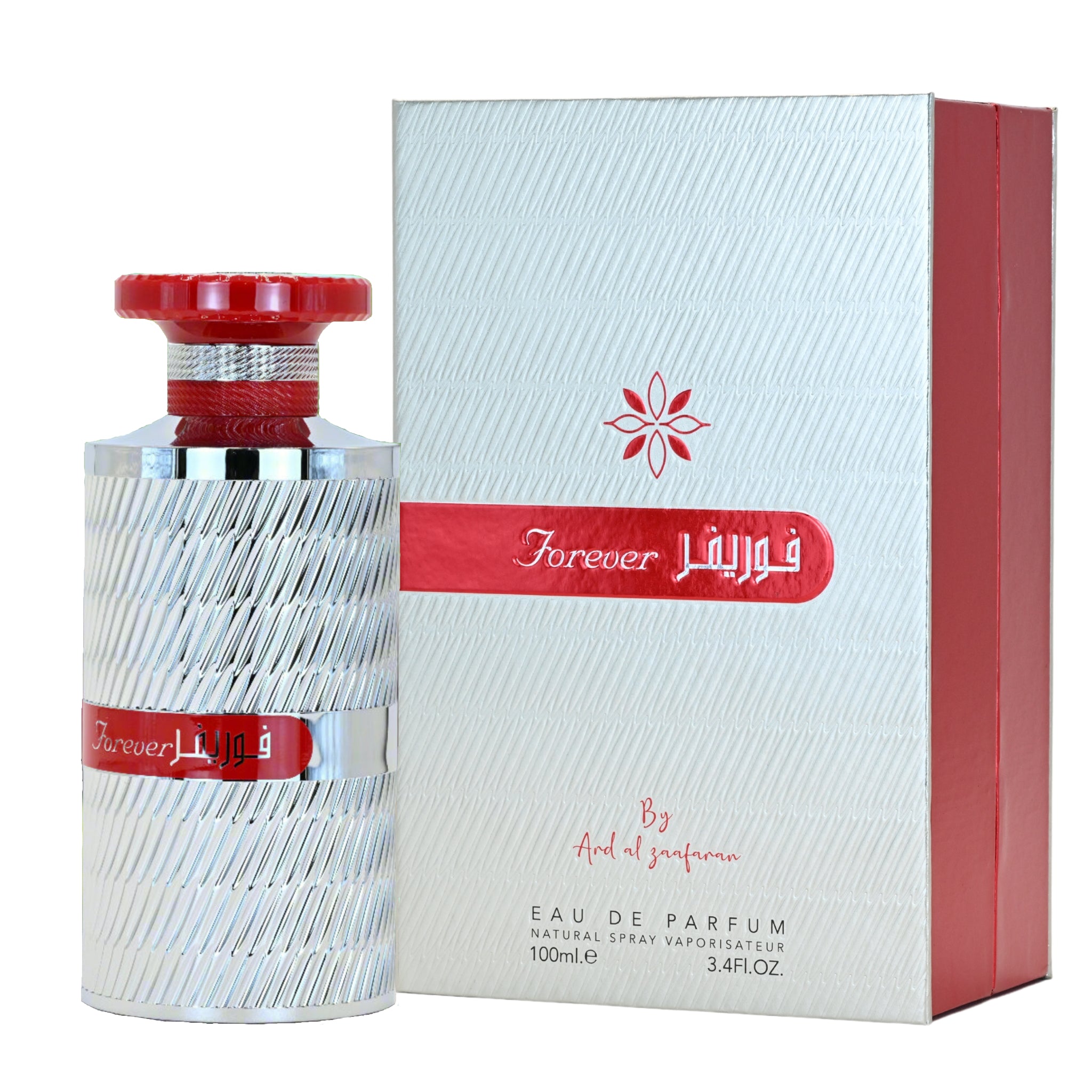 Perfume bottle and packaging with 'Forever' branding on a white background