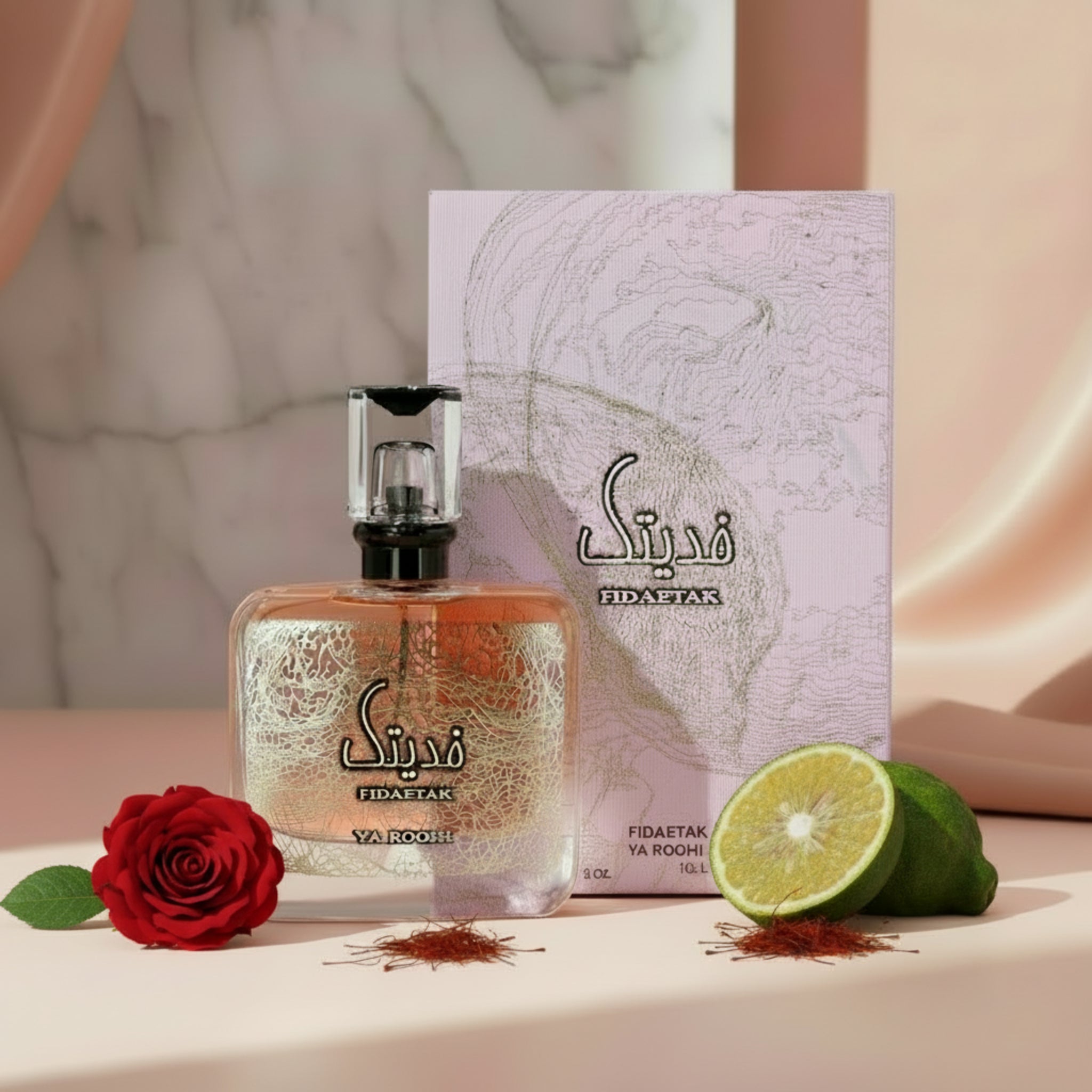 Fidaetak perfume bottle and packaging on a white background