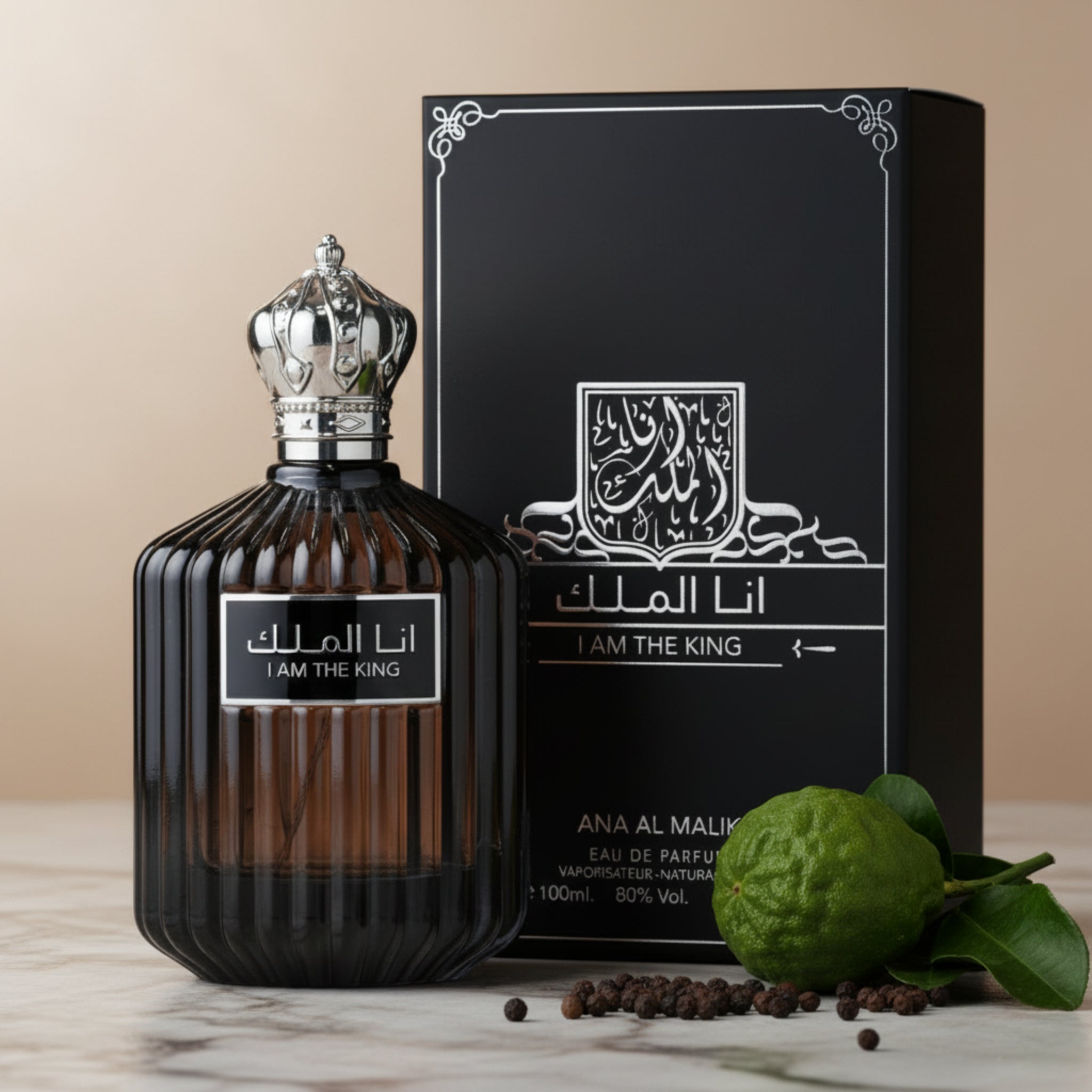 Perfume bottle and packaging of 'I Am The King' by Ana Al Malik on a white background