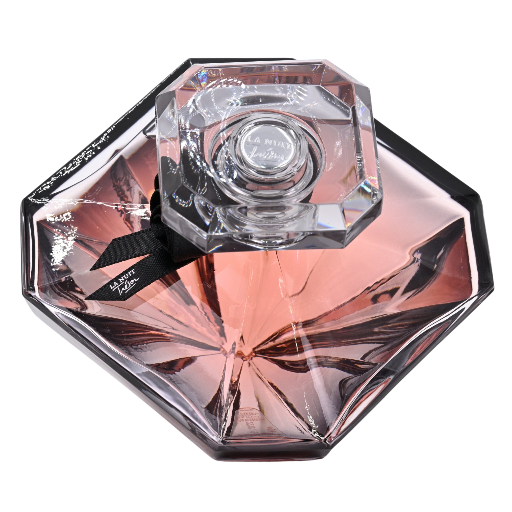 Luxury perfume bottle with a pink and black design on a white background