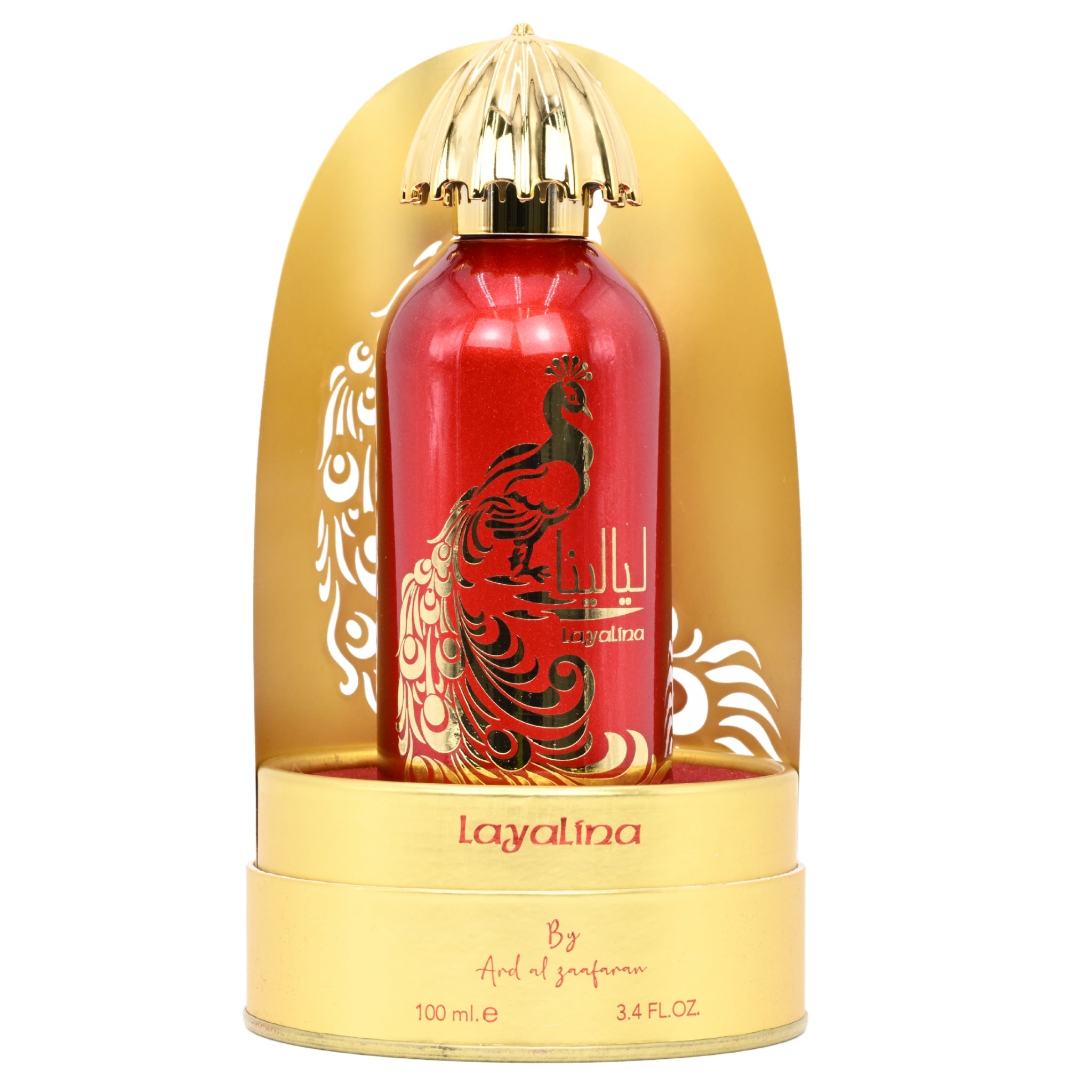 Red perfume bottle with gold cap and base on a white background