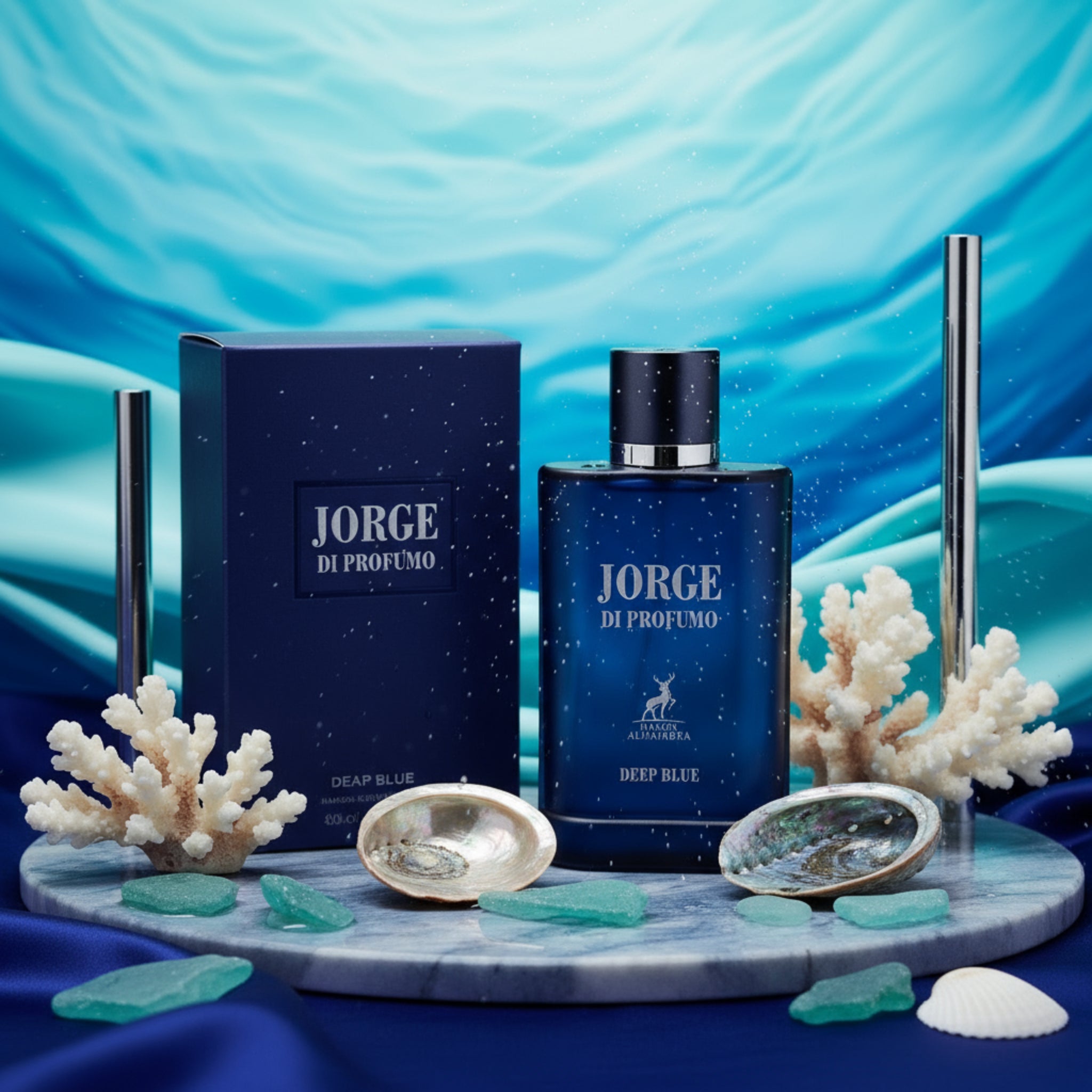 Blue perfume bottle labeled 'Jorge Di Profumo Deep Blue' on a white background