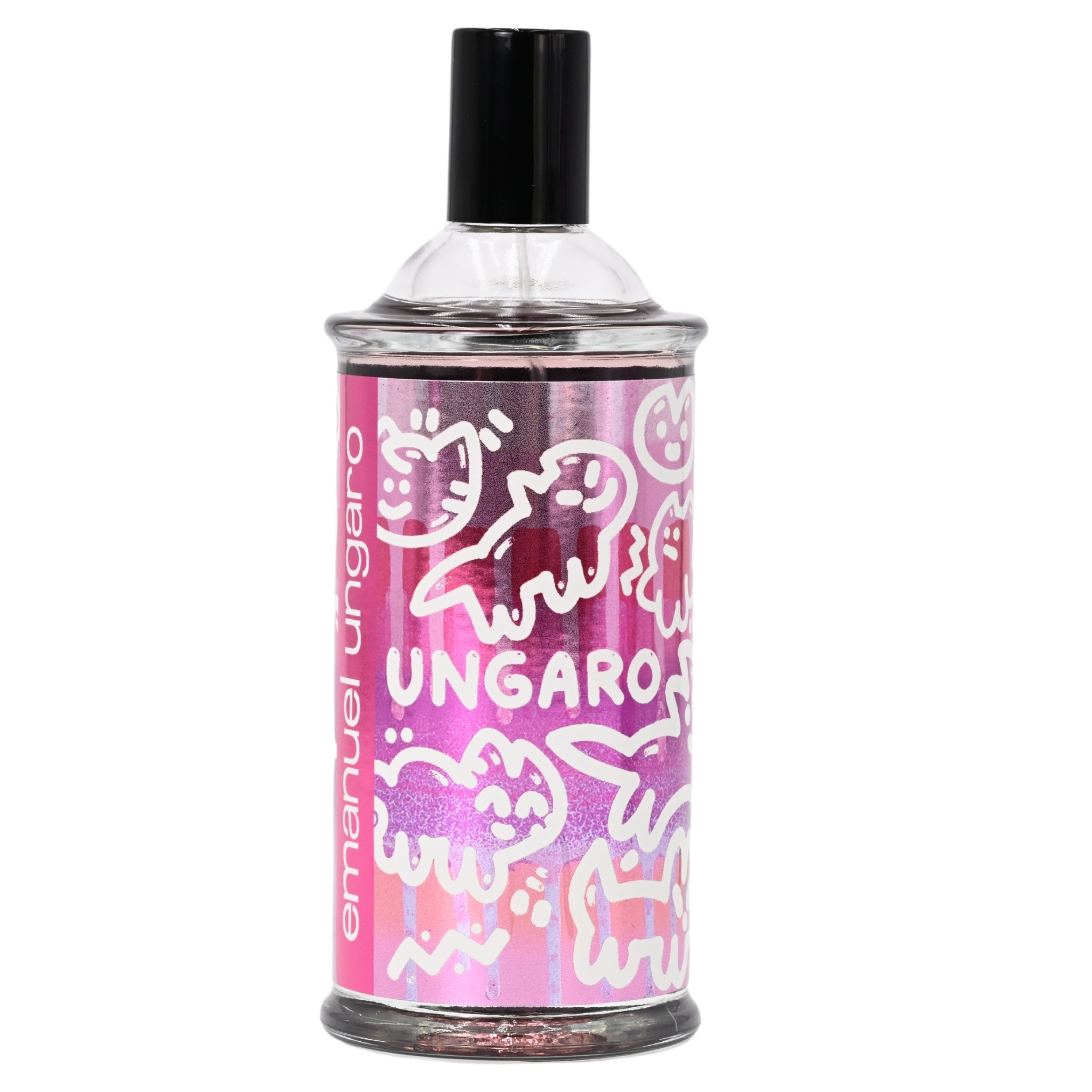 Perfume bottle with pink and white design on a white background