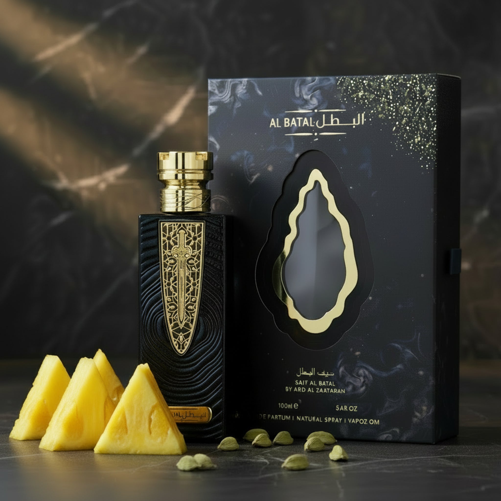 Perfume bottle and packaging with decorative elements on a dark background