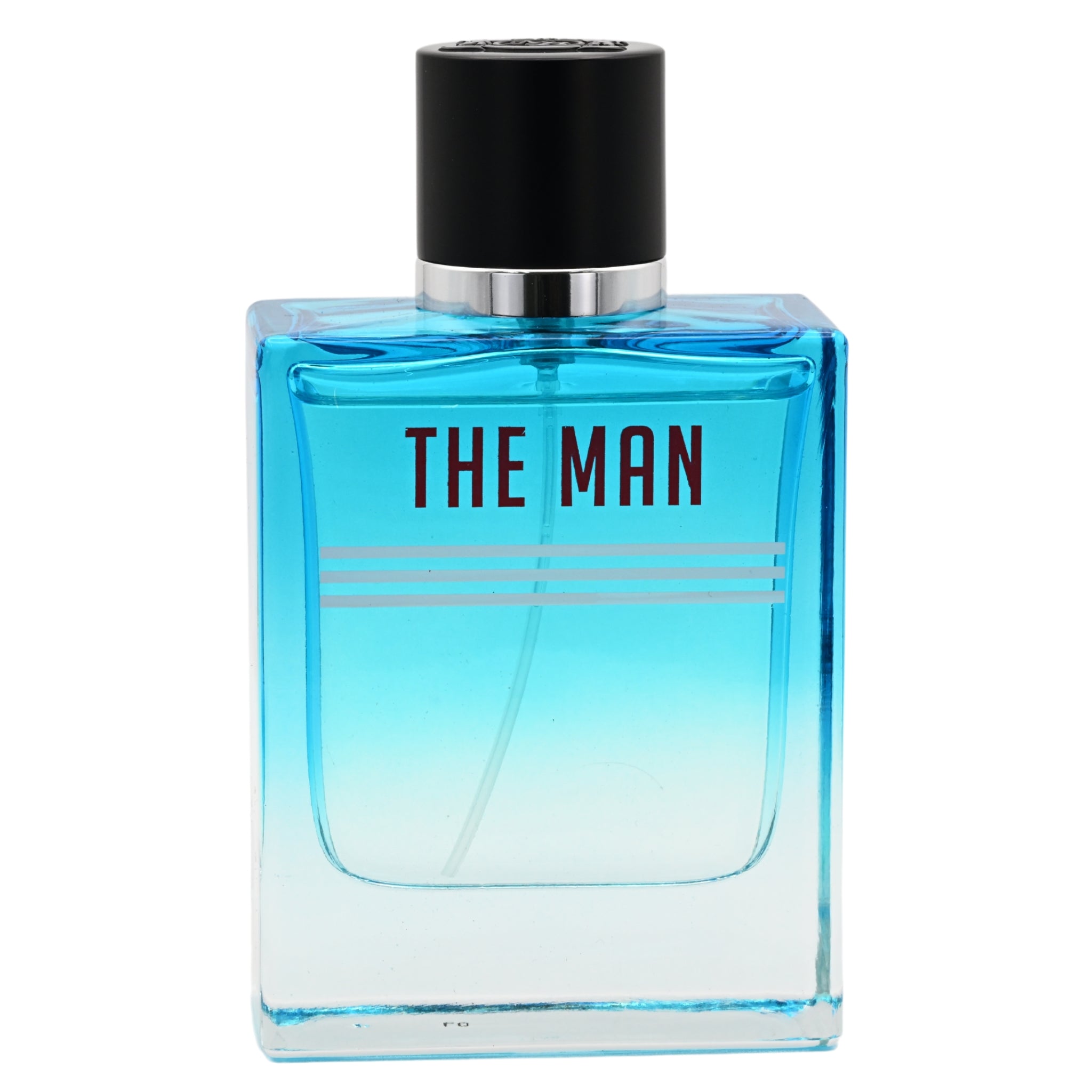 Blue perfume bottle labeled 'THE MAN' on a white background