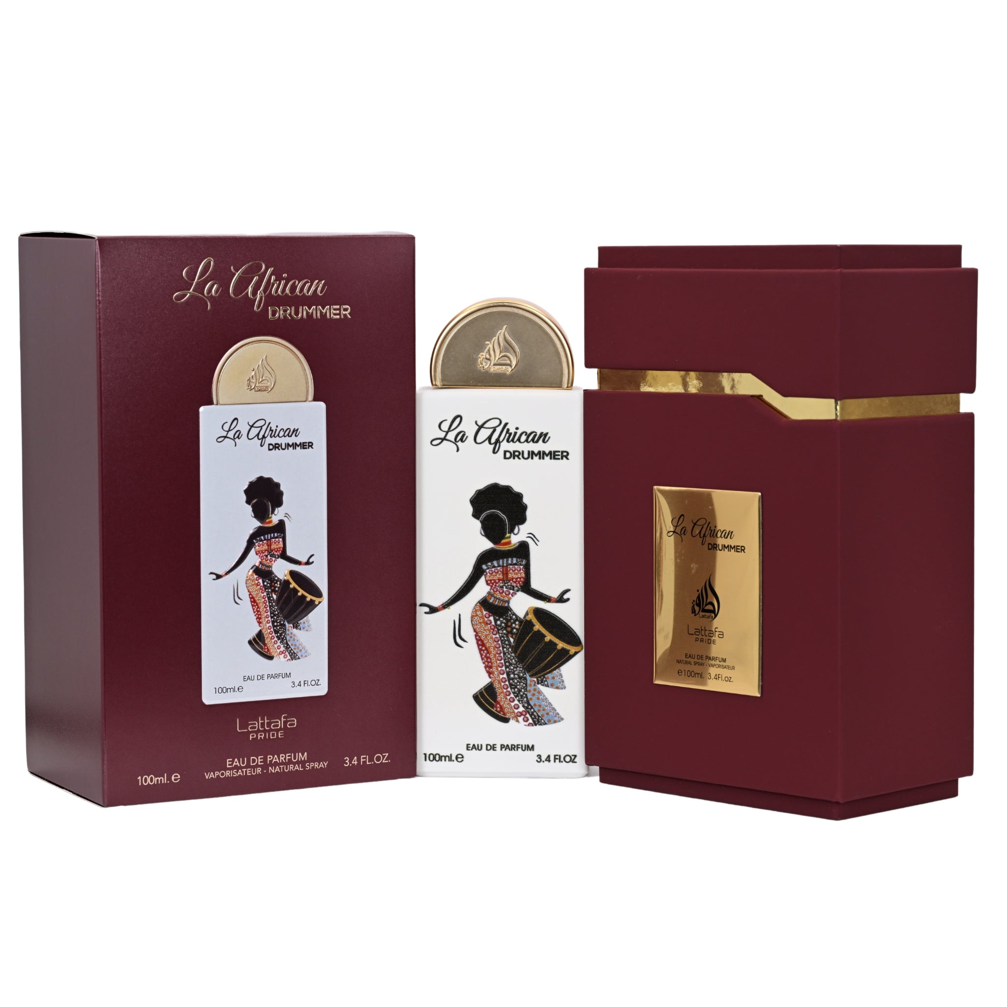 La Africain Drummer perfume packaging with maroon box and white bottle.