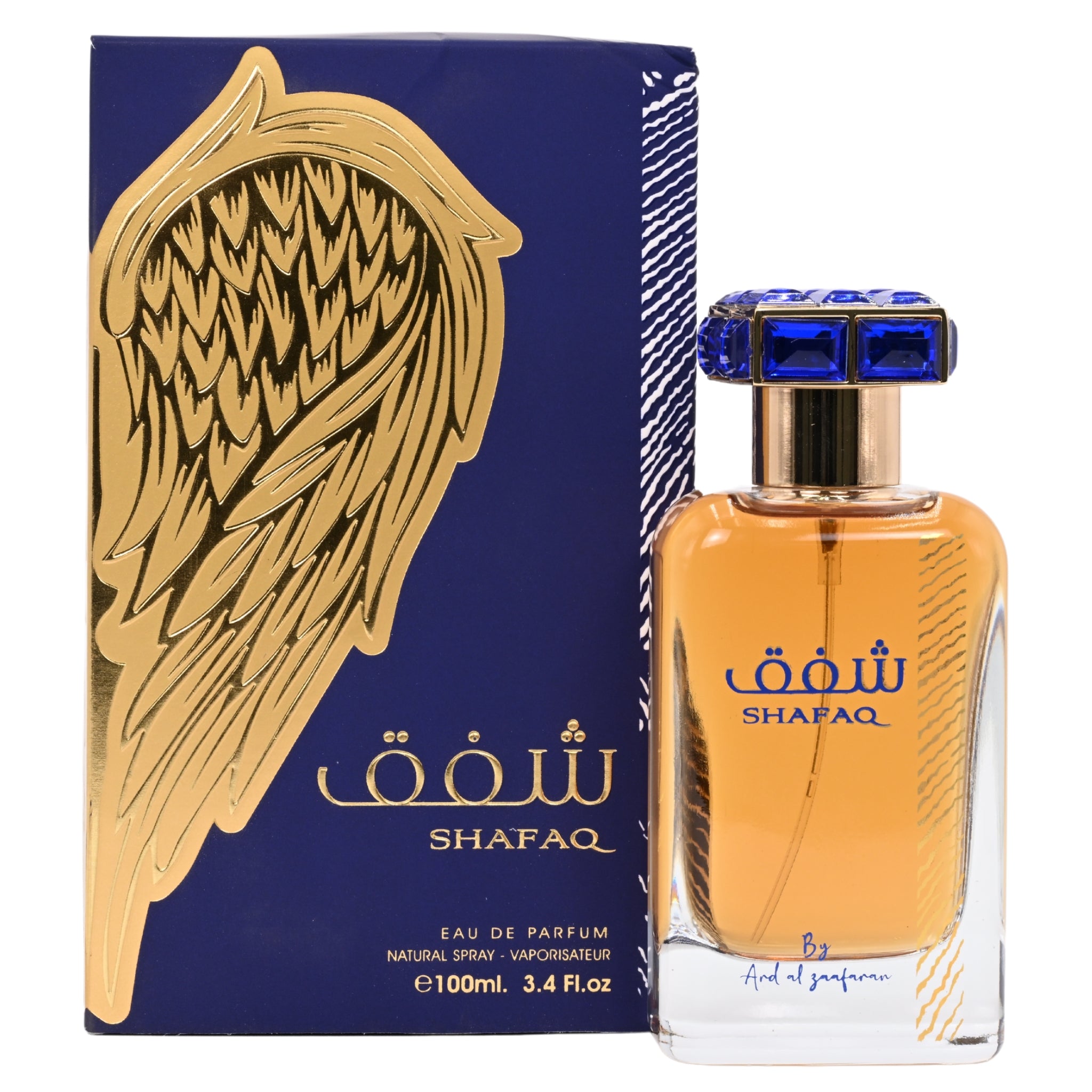 SHAFAQ perfume bottle with gold wing design on blue box