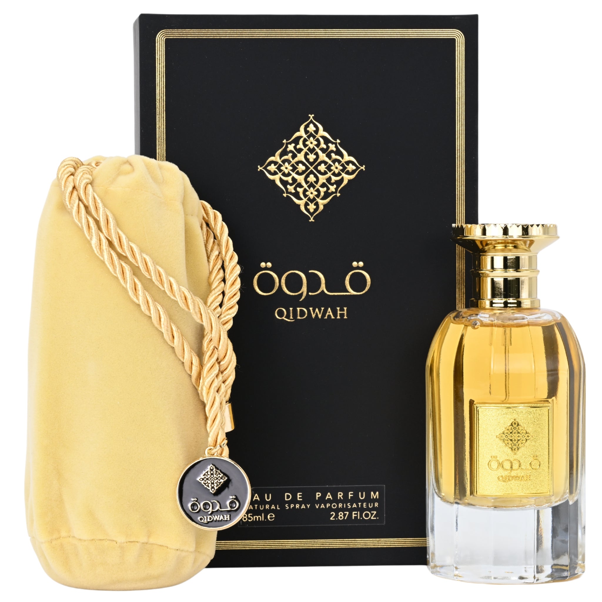 Qidwah perfume bottle with packaging and pouch on a white background