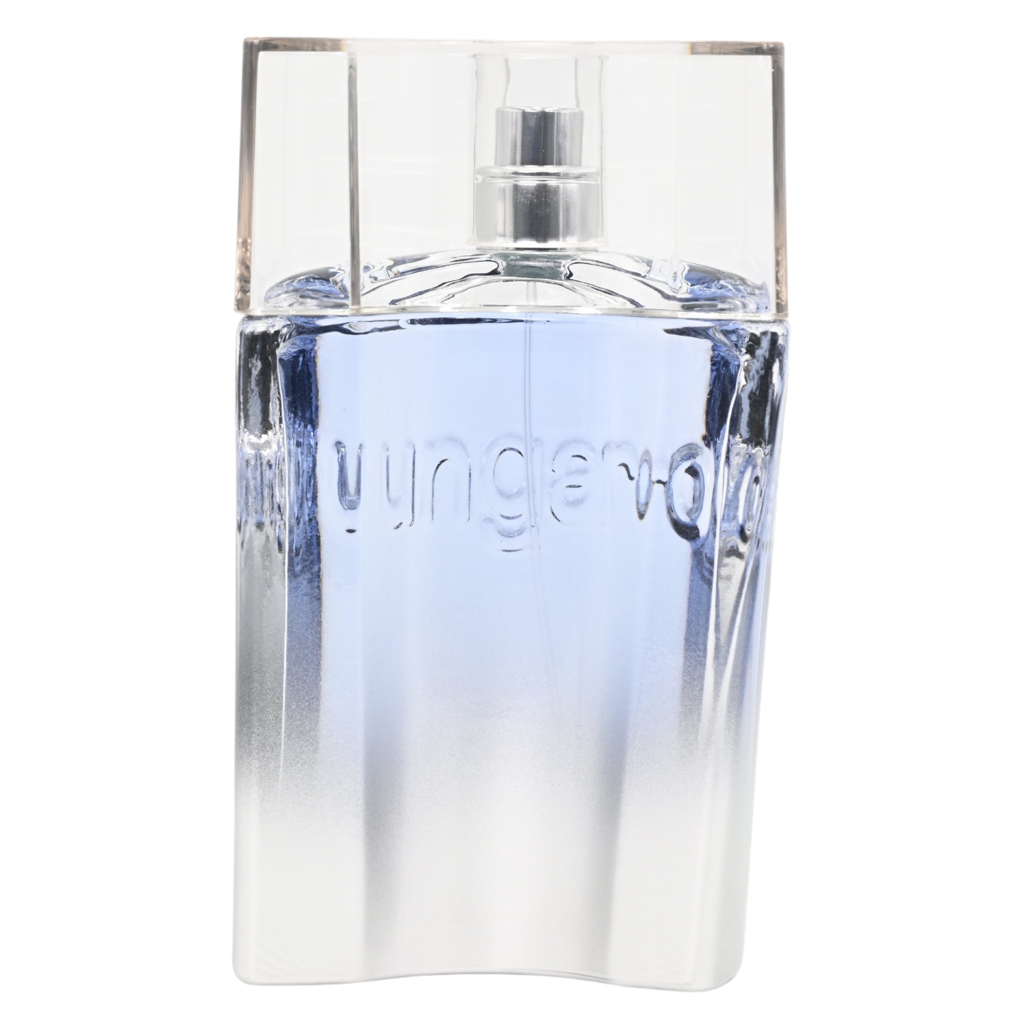 Clear perfume bottle with Emanuel Ungaro Man branding on a white background
