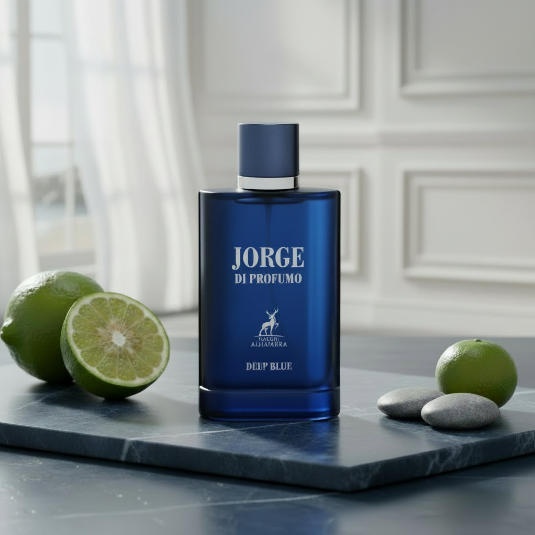 Blue perfume bottle labeled 'Jorge Di Profumo Deep Blue' on a white background