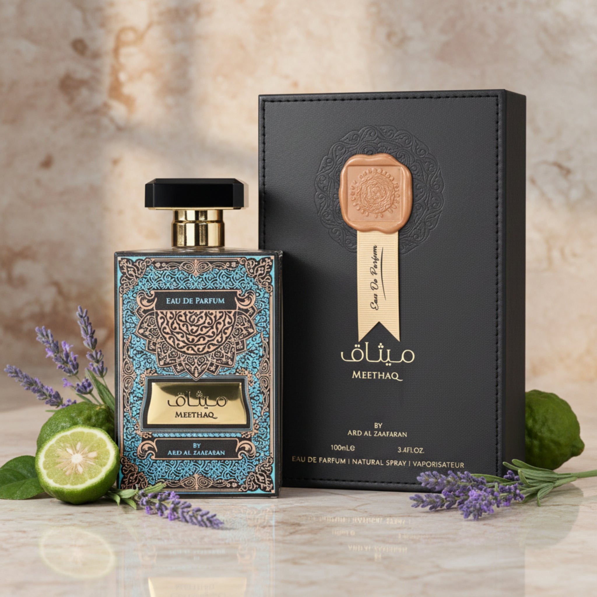 Eau de Parfum bottle and packaging with MEETHAQ branding on a white background