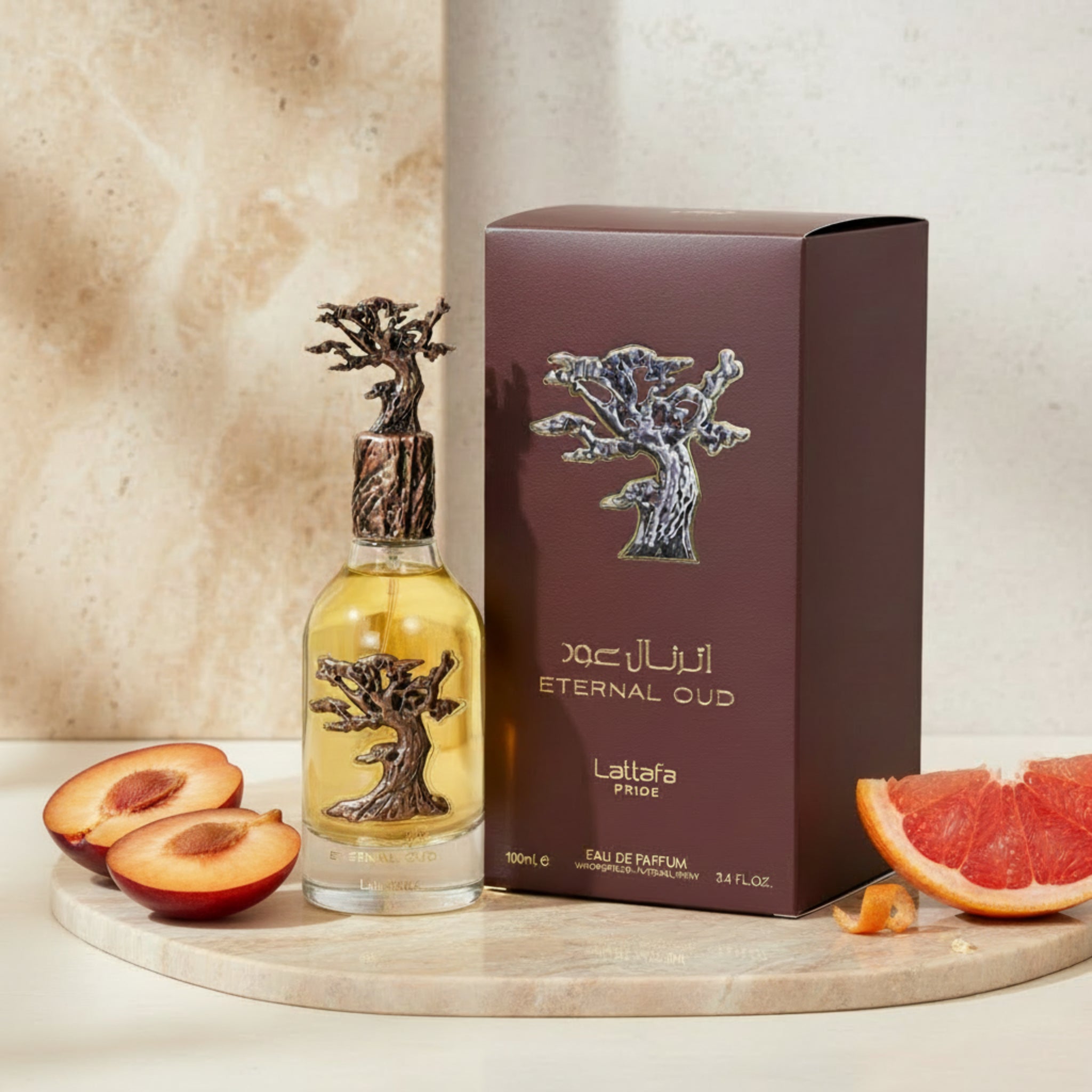 Lattafa Eternal Oud perfume bottle and packaging on a white background