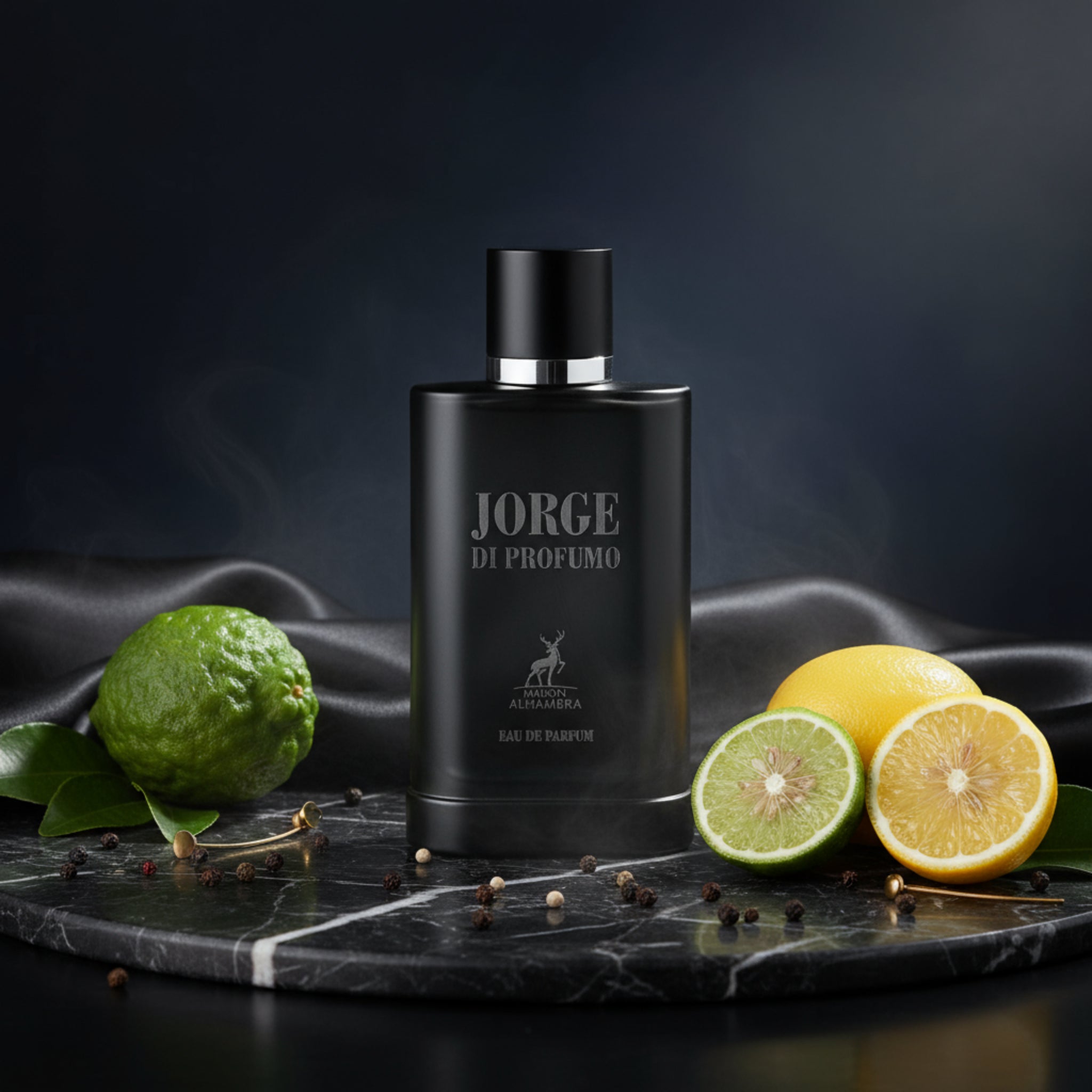 Black perfume bottle labeled 'Jorge di Profumo' on a white background