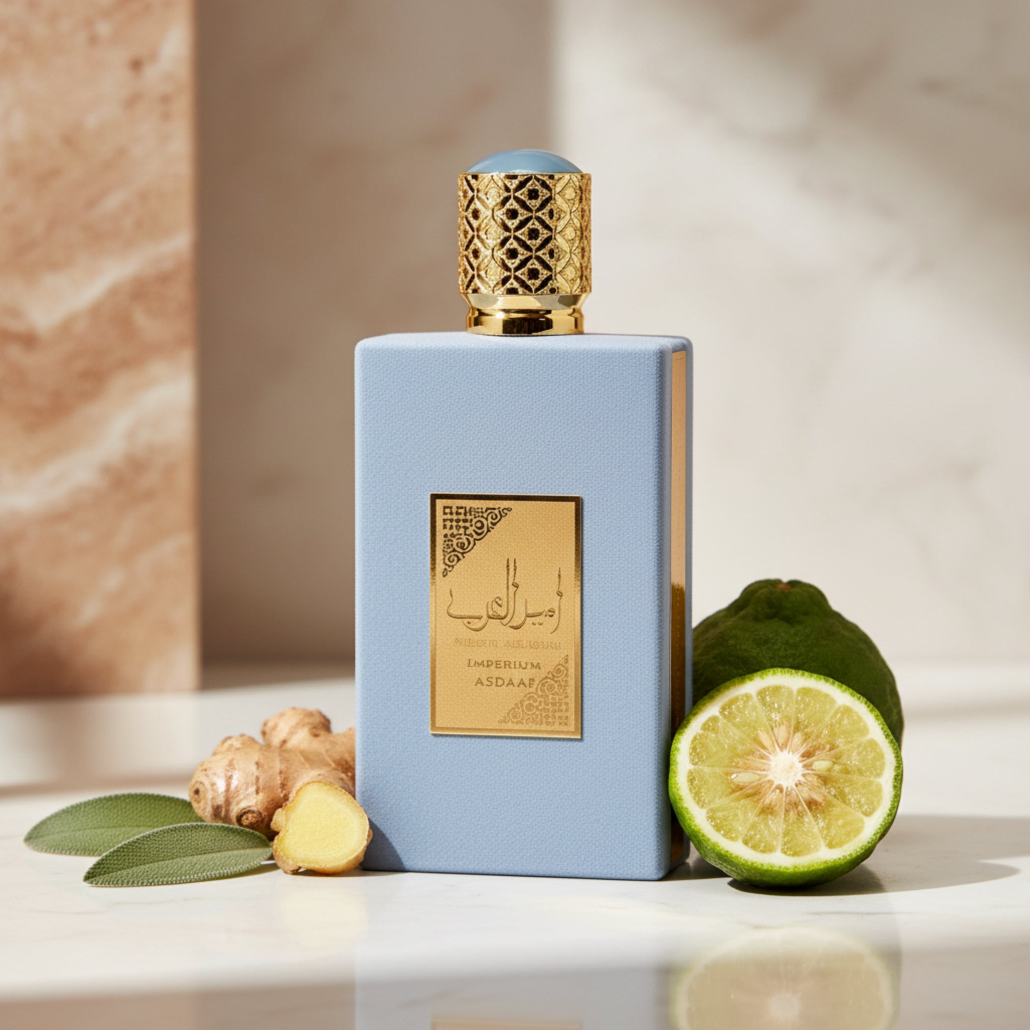 Perfume bottle with gold cap and decorative elements on a white background