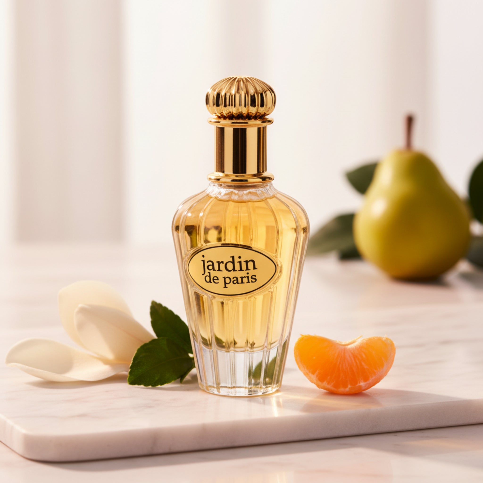 Perfume bottle labeled 'Jardin de Paris' on a white background