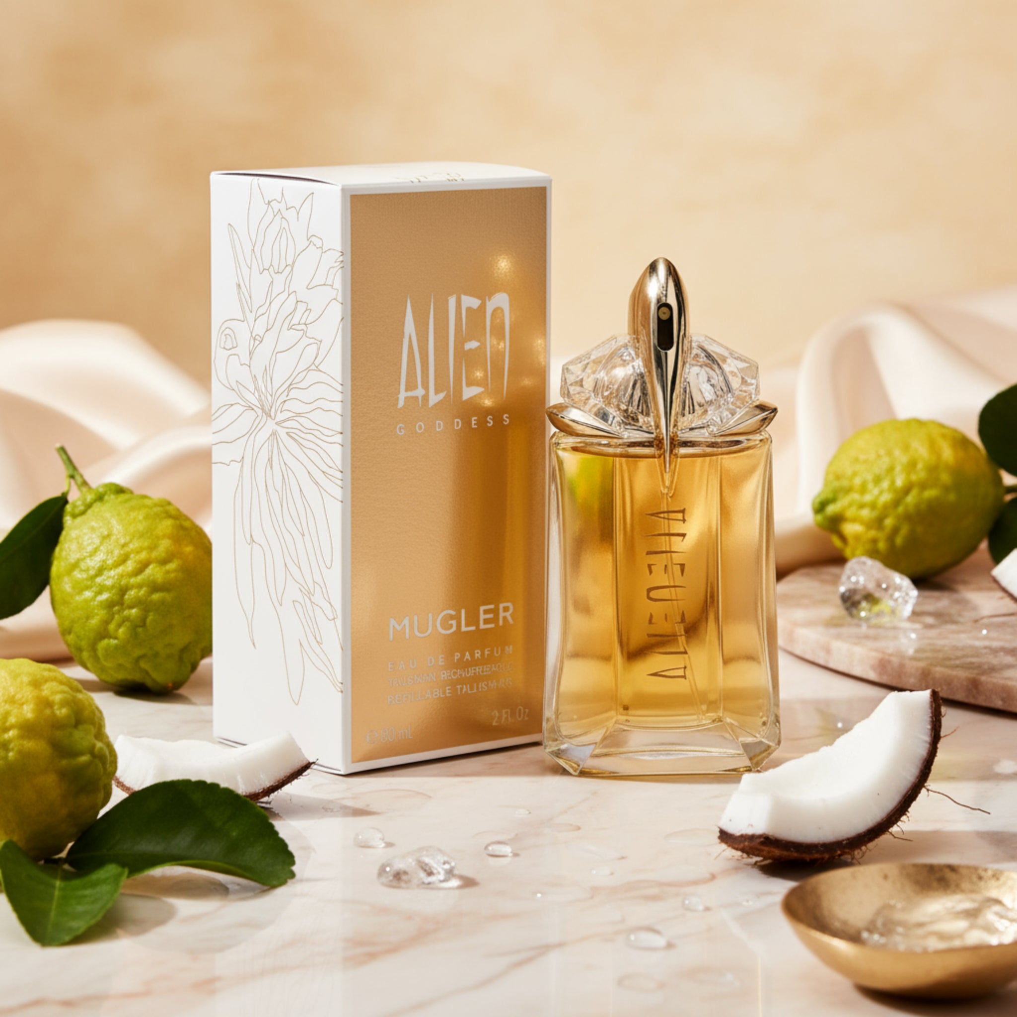 Mugler Alien Goddess perfume bottle and packaging on a white background