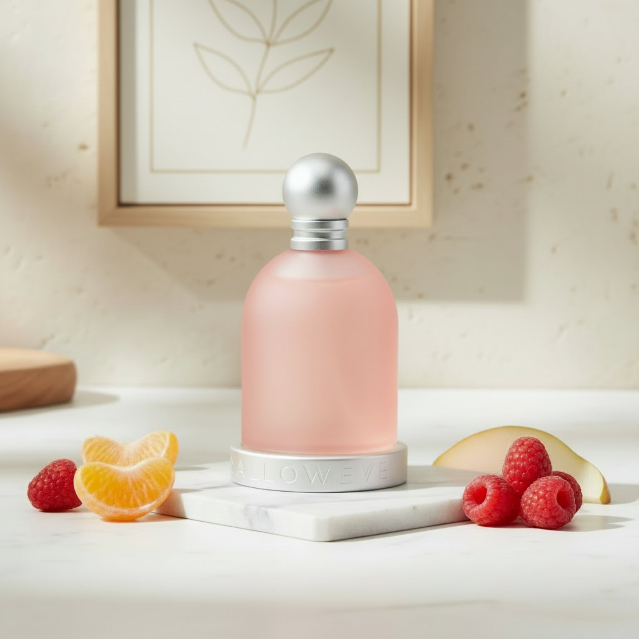 Pink perfume bottle with white cap on a white background