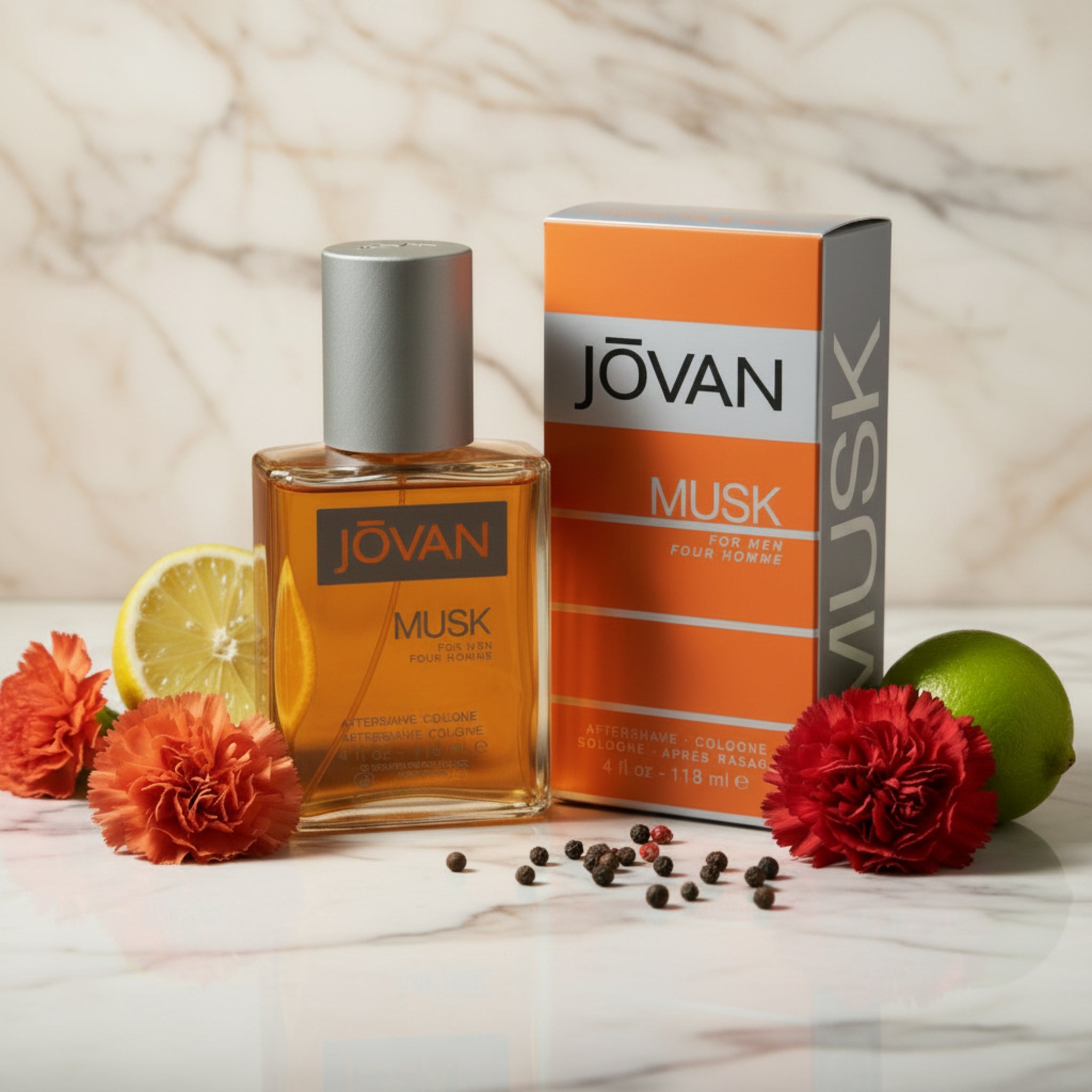 Jovan Musk cologne bottle and packaging on a white background