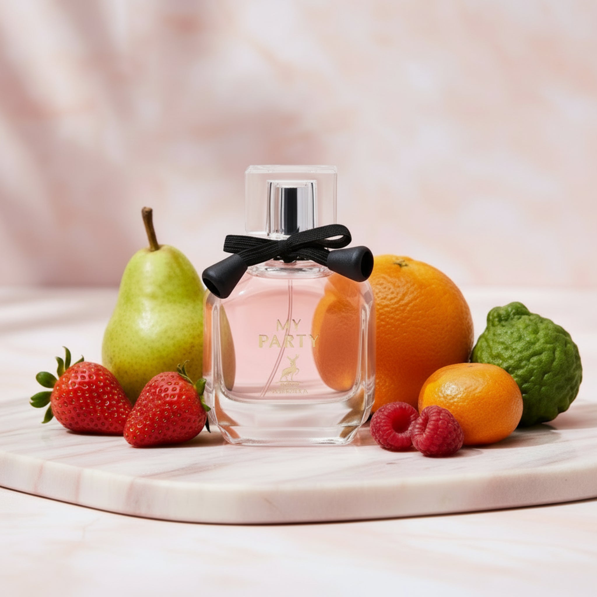 Perfume bottle labeled 'My Party' with a black bow on a white background