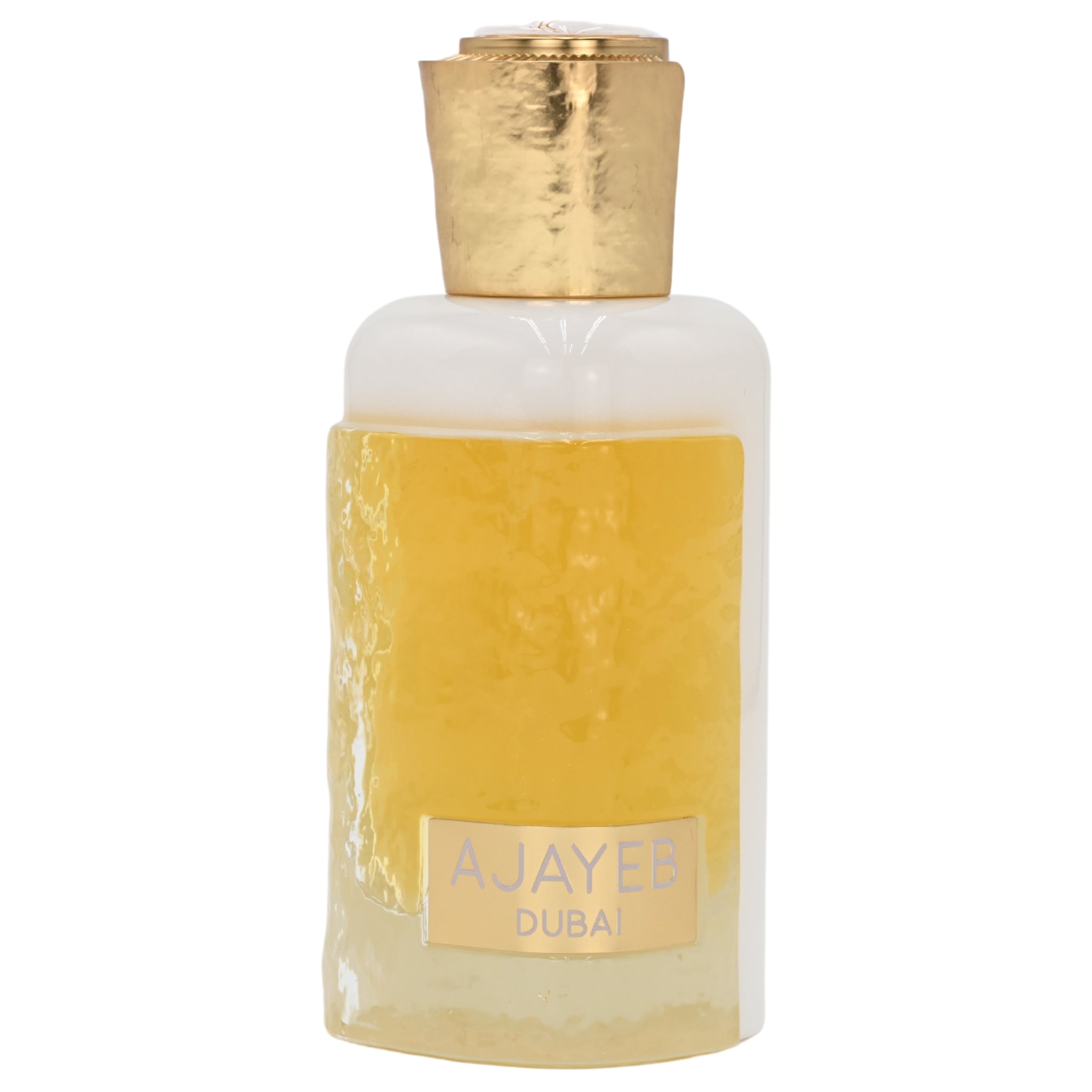 Perfume bottle with gold cap and label on a white background