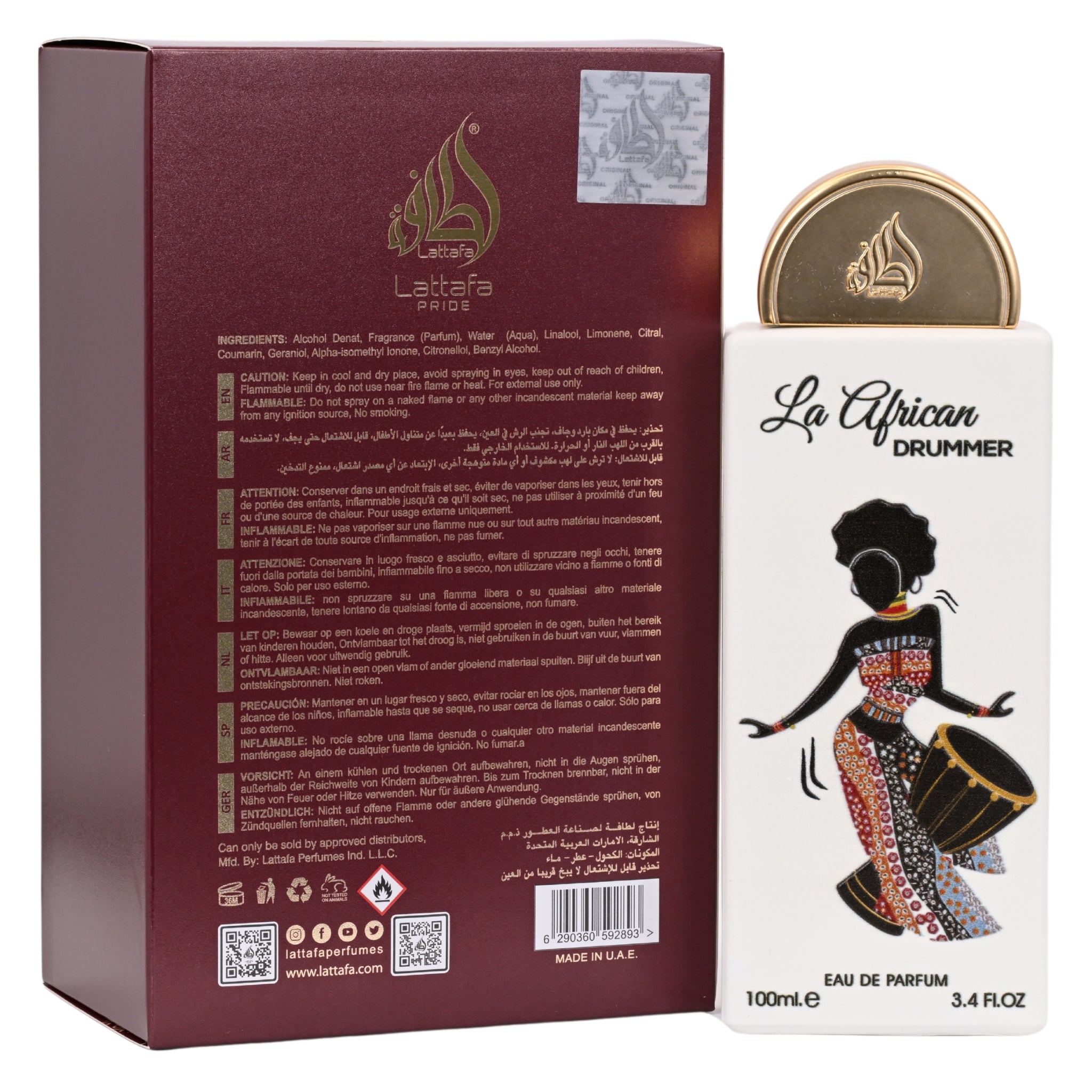 La African Drummer perfume bottle and packaging on a white background
