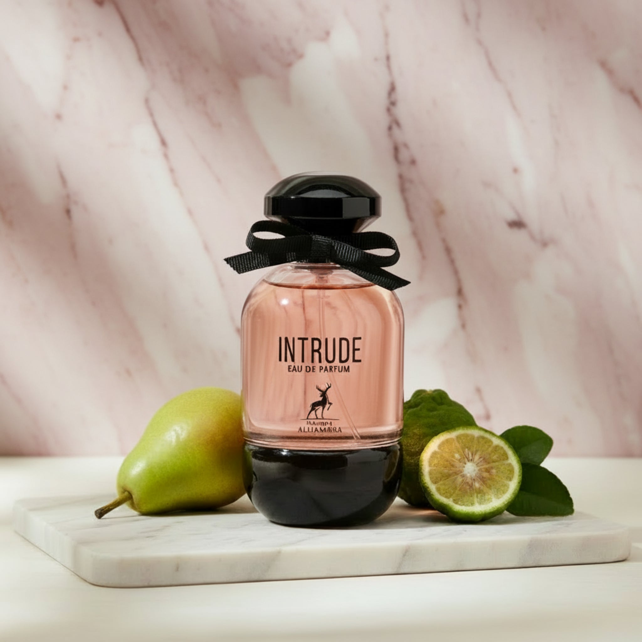 Perfume bottle labeled 'Intrude' with a black bow on a white background