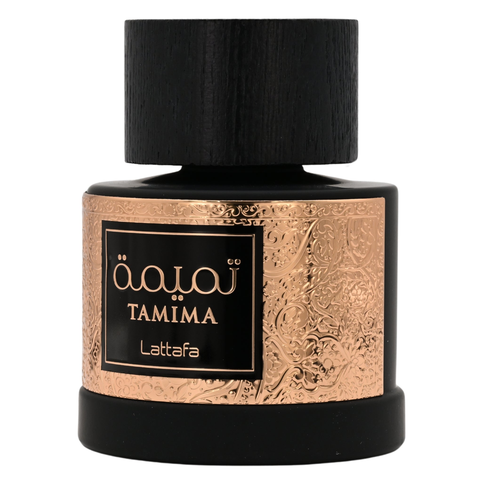 Perfume bottle with black cap and gold label featuring 'Tamima' on a white background
