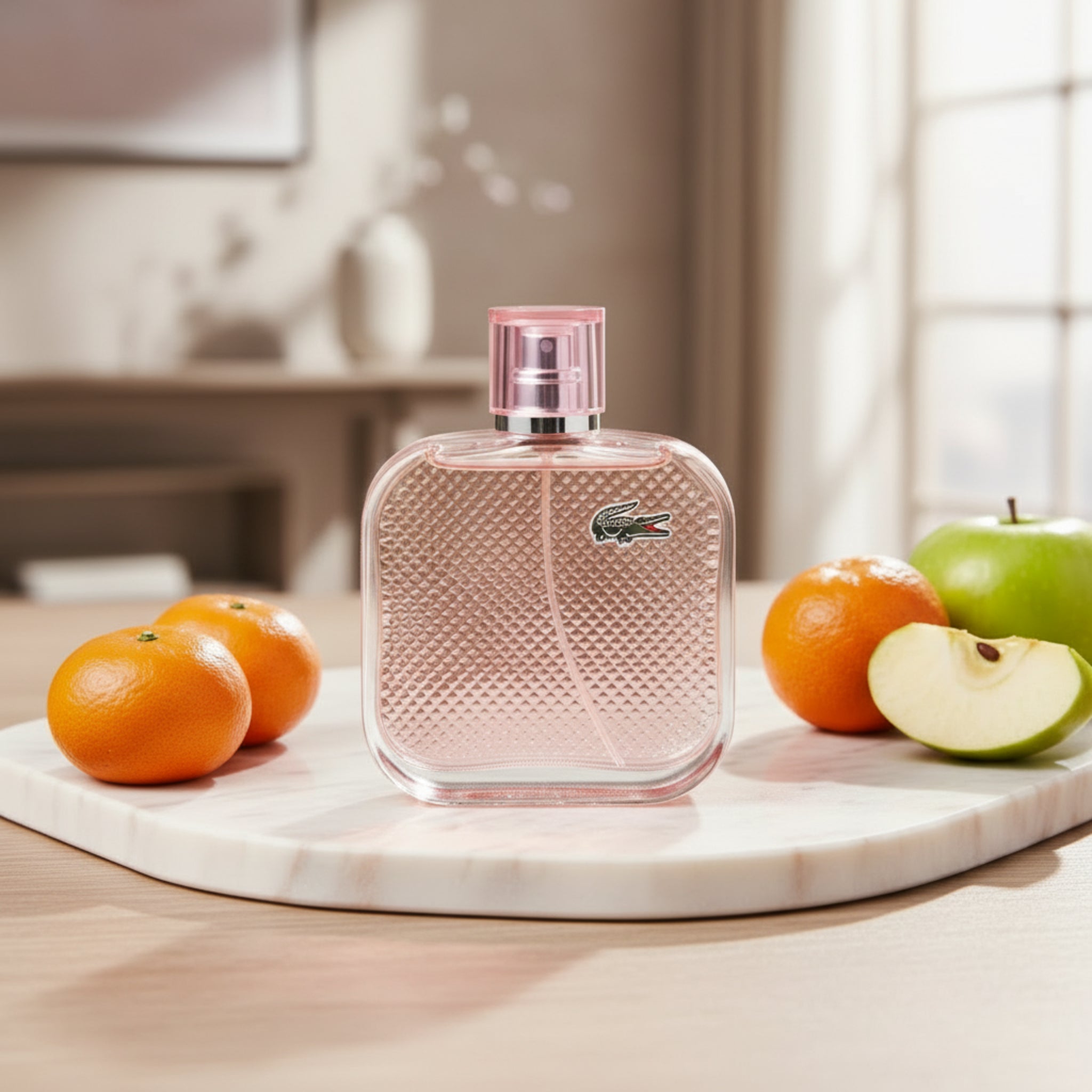 Lacoste perfume bottle on a marble surface with fruits
