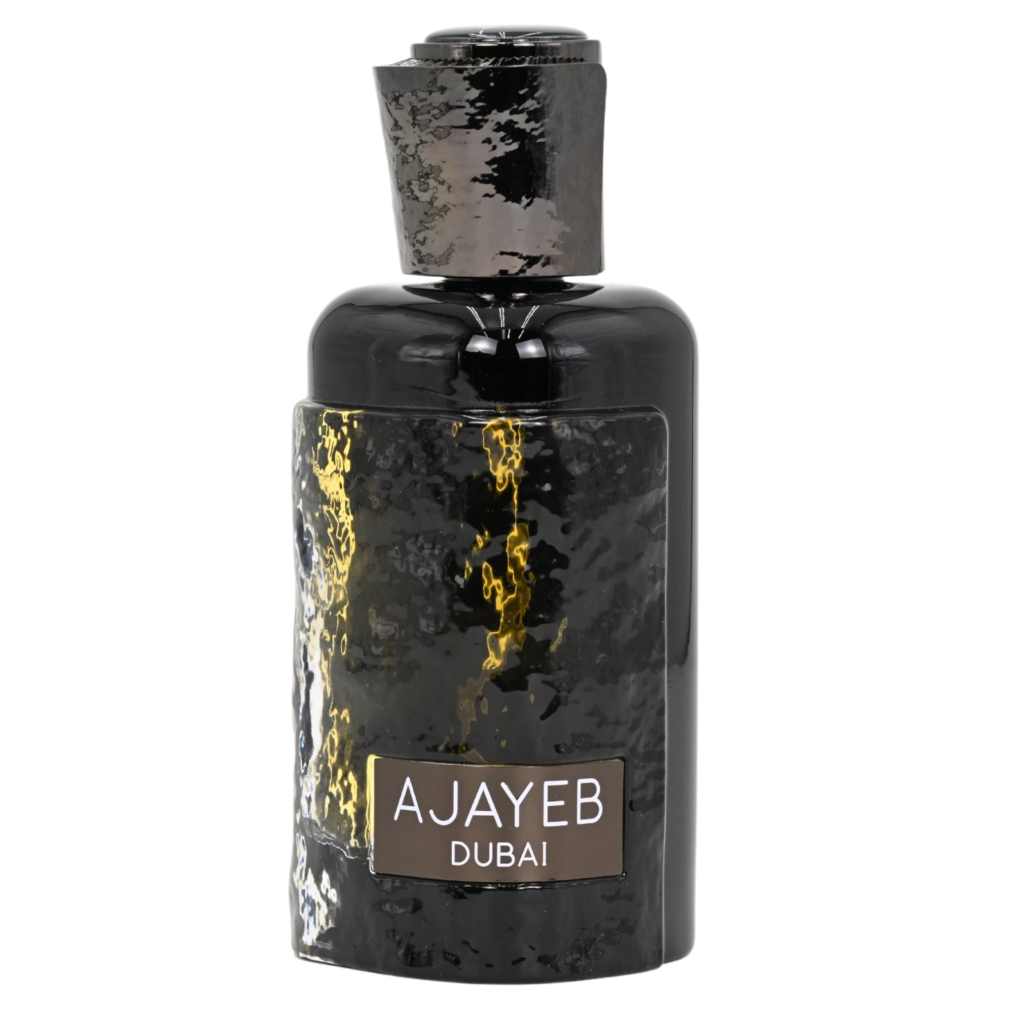 Black perfume bottle with gold accents and 'AJAYEB DUBAI' branding on a white background
