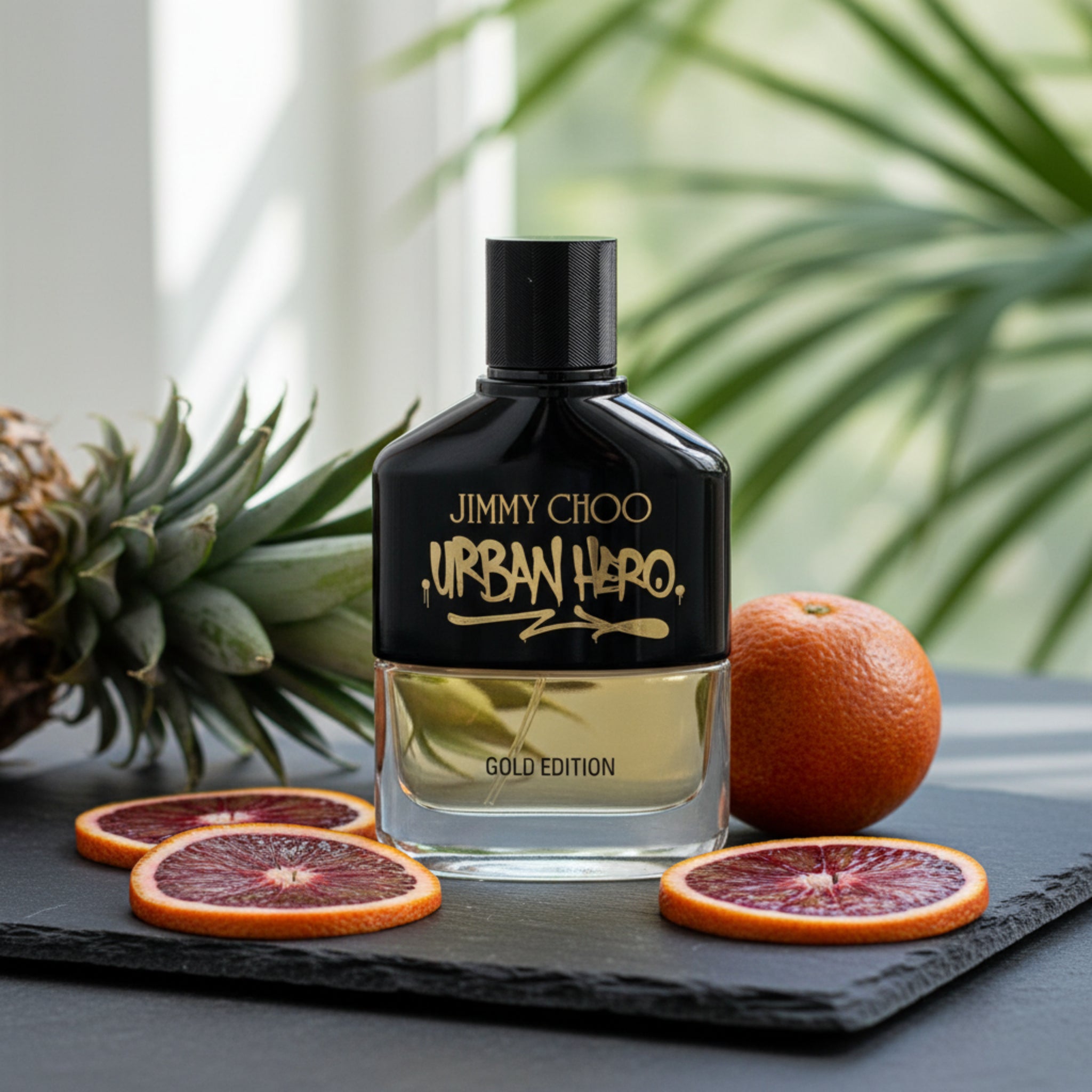 Jimmy Choo Urban Hero Gold Edition perfume bottle with oranges and leaves in the background