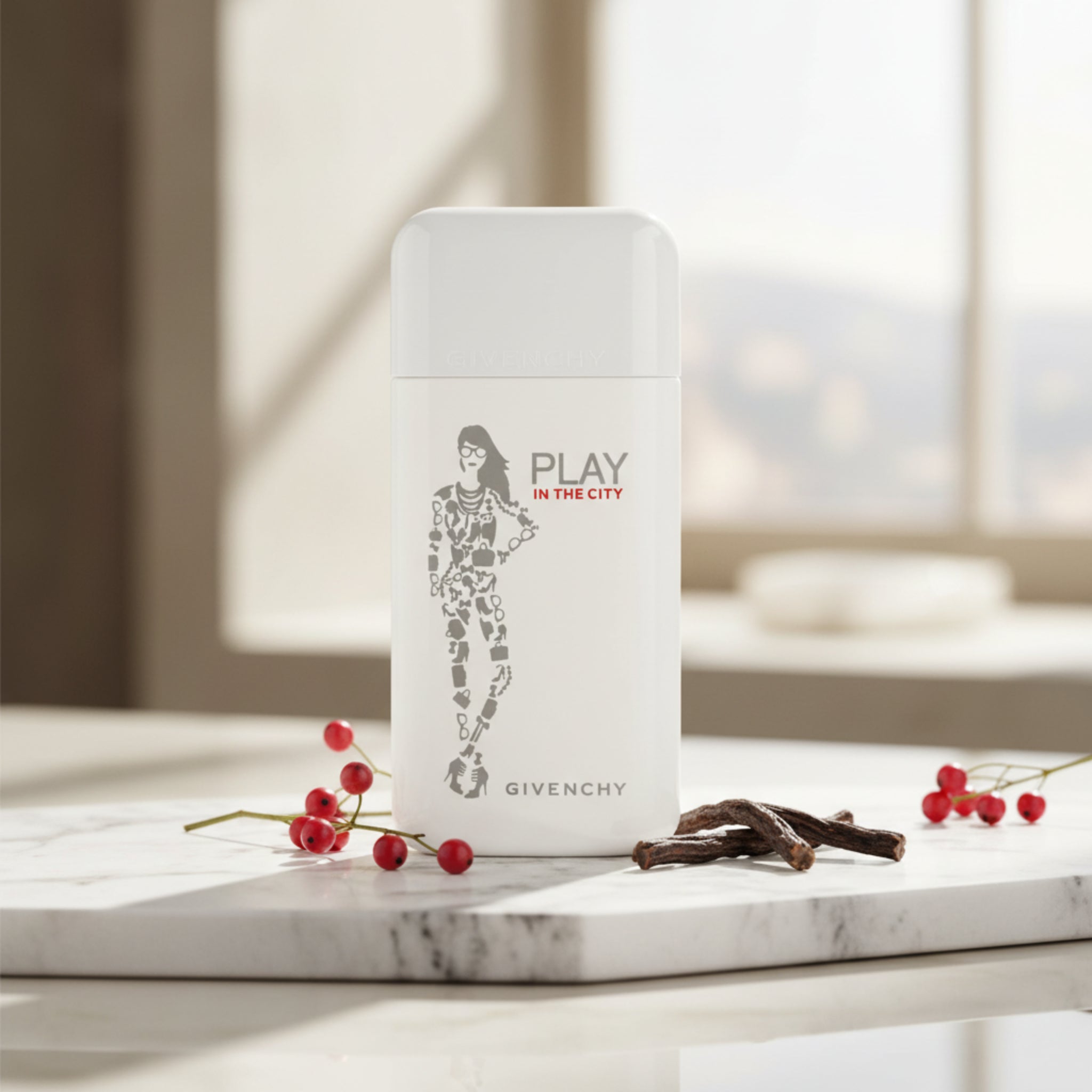 White Givenchy perfume bottle with a woman's silhouette and 'Play in the City' text on a white background