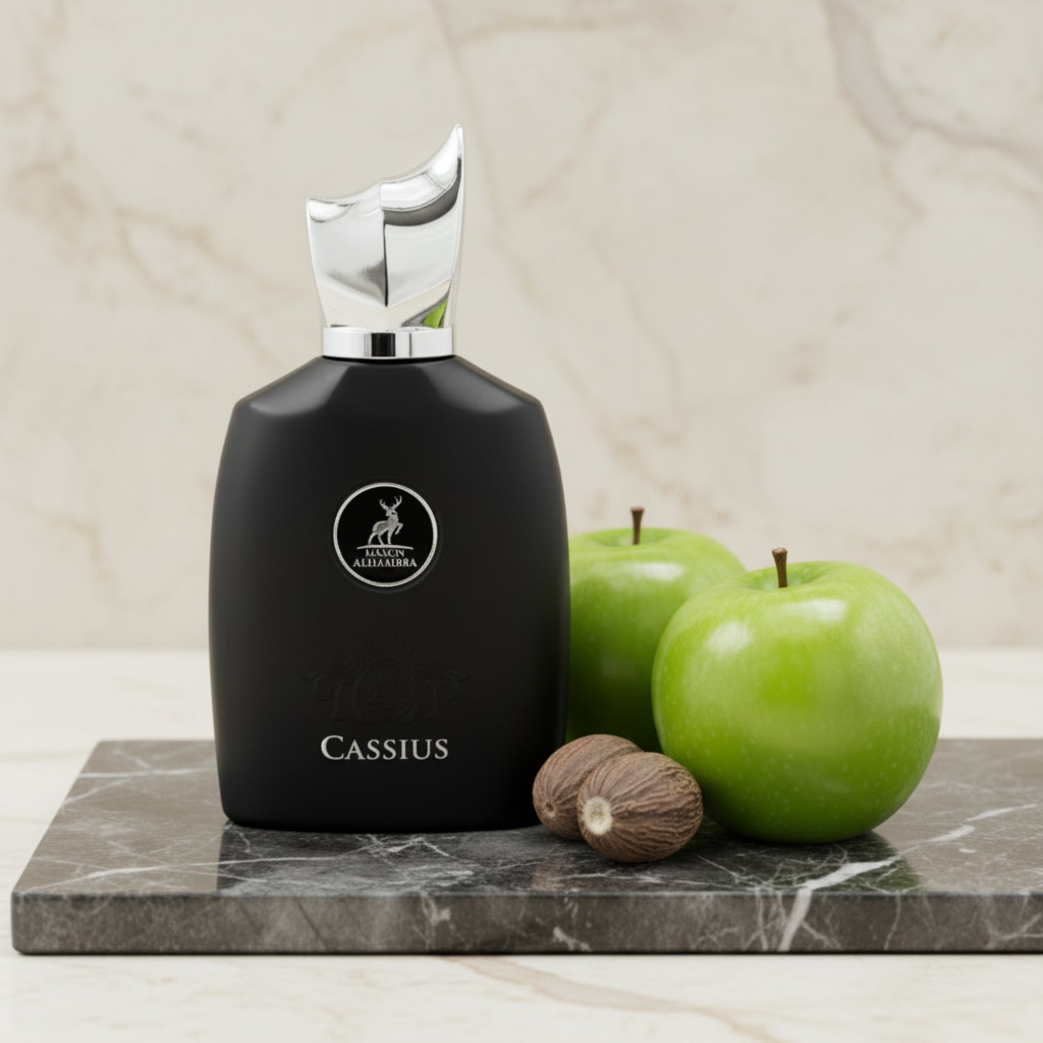 Black perfume bottle labeled 'Cassius' on a white background